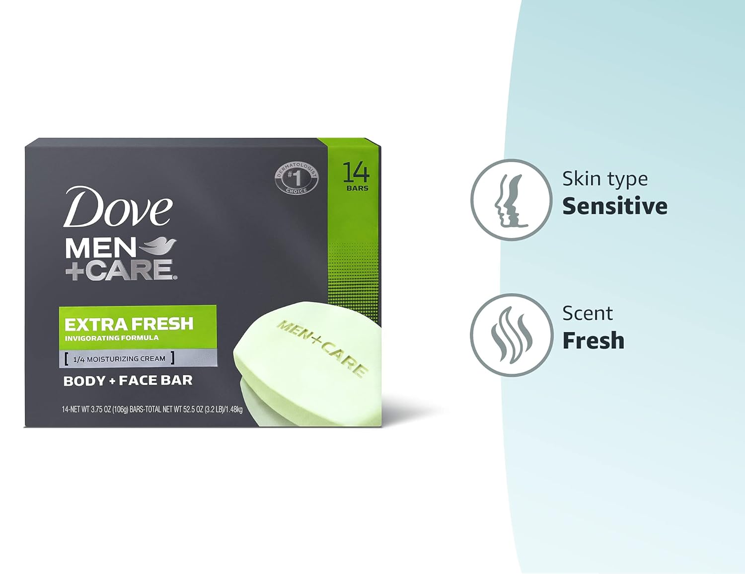 DOVE MEN + CARE 3 in 1 Bar Cleanser for Body, Face, and Shaving Extra Fresh Body and Facial Cleanser More Moisturizing Than Bar Soap to Clean and Hydrate Skin 3.75 Ounce (Pack of 8)