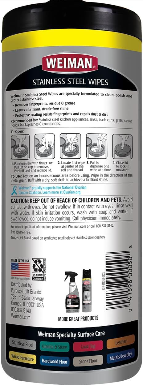 Weiman Stainless Steel Cleaner and Polish Wipes Bundle with Microfiber Cloth-Removes Fingerprints, Water Marks and Grease from Appliances - Works Great on Refrigerators, Ovens, and Grills
