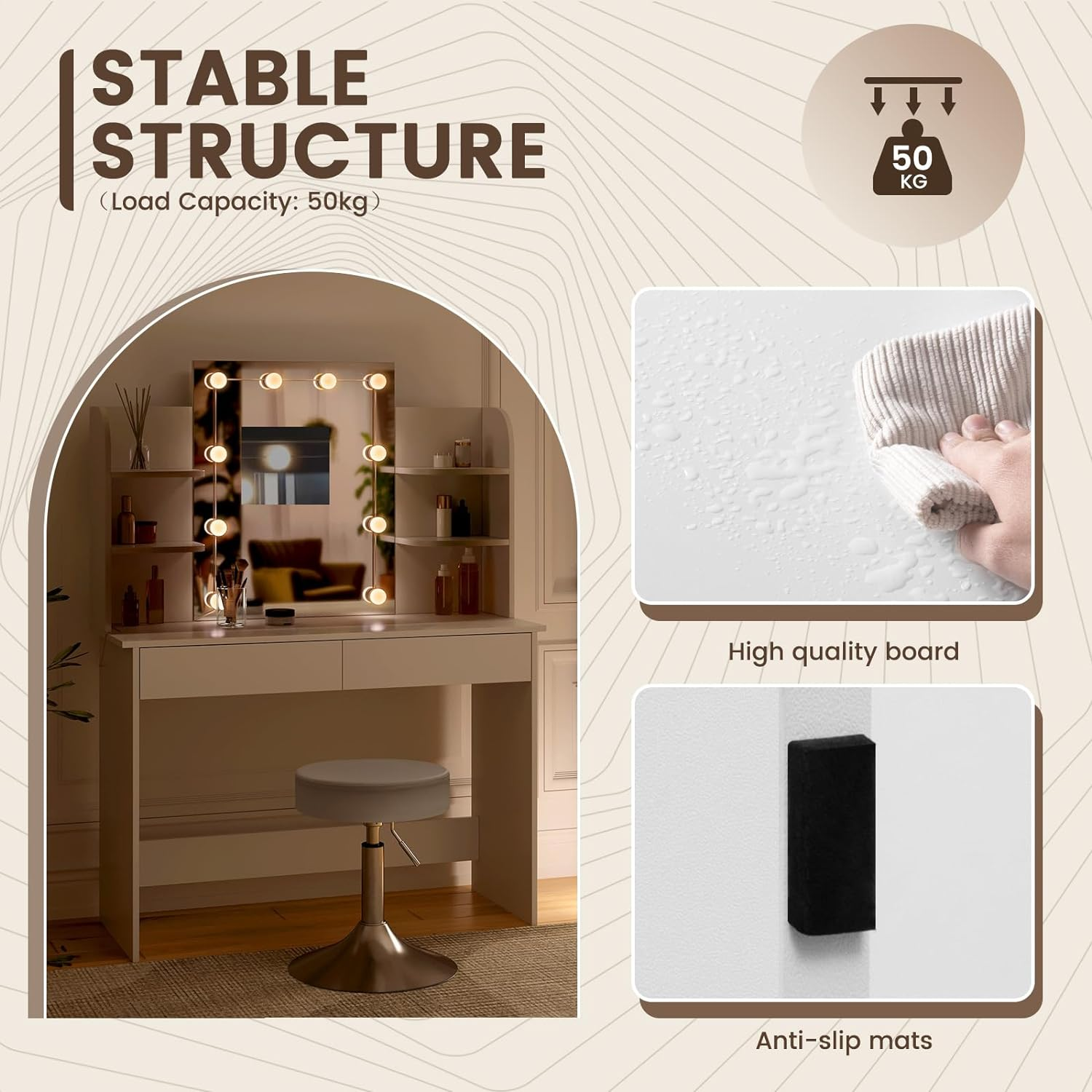 WOLTU MB6106ws Dressing Table with LED Lighting and Stool, Dressing Table with 2 Drawers, 4 Shelves, 108 x 40 x 142 cm, Height-Adjustable Chair, Wooden Cosmetic Table, White