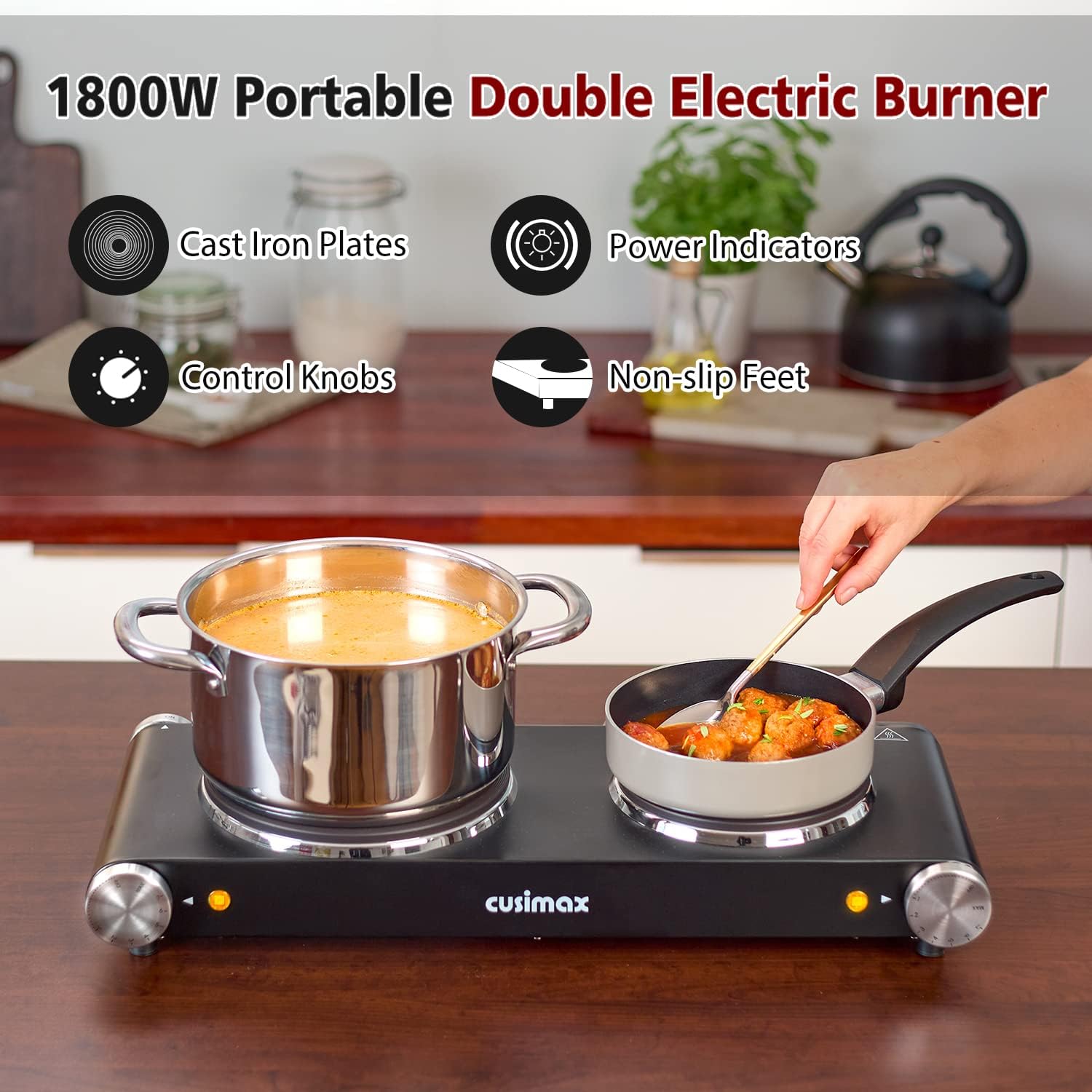 CUSIMAX Electric Hot Plate for Cooking Portable Single Burner 1500W Cast Iron hot plates Heat-up in Seconds Adjustable Temperature Control Stainless Steel Non-Slip Rubber Feet Upgraded Version B101