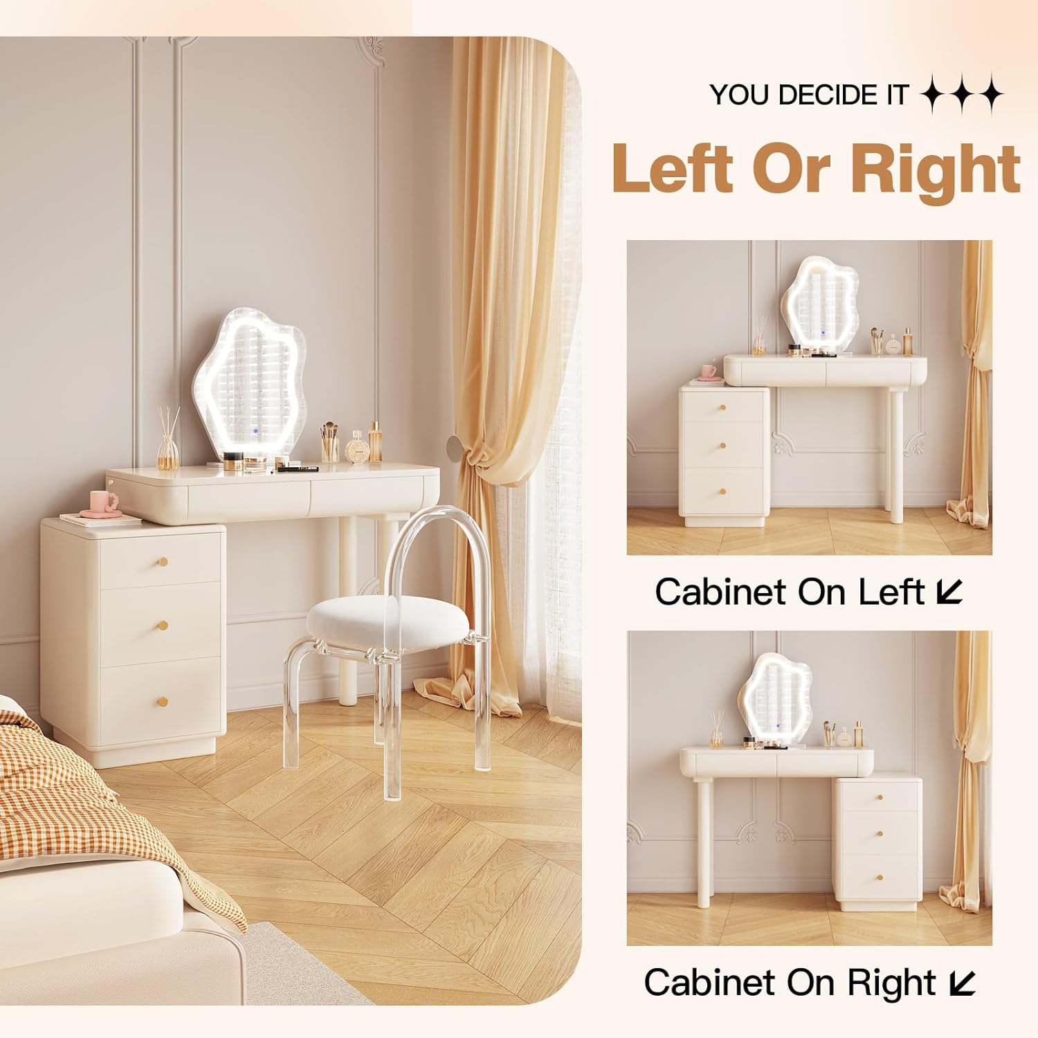 GraceNook White Makeup Vanity Desk, Vanity Desk with Lighted Mirror, 3 Lighting Modes Brightness Adjustable, Hidden Sliding Length, Bedroom White Vanity Table Set with 3 Drawers Separate Cabinets