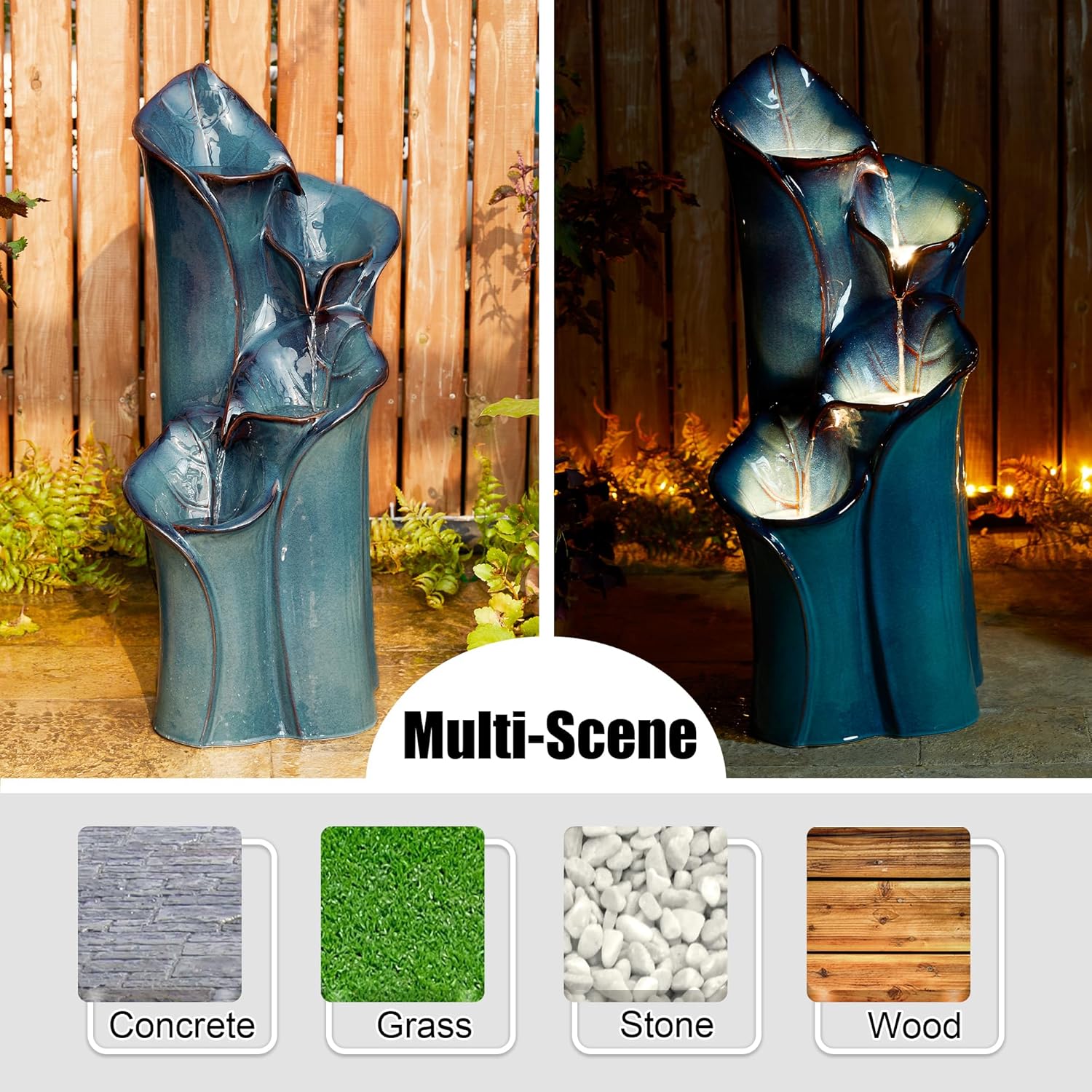 Outdoor Water Fountain with LED Lights and Pump, 4 Tier Dandelion Texture Vase Shaped Ceramic Floor Standing Fountain with Birds for Porch Deck Garden Patio Backyard, Turquoise