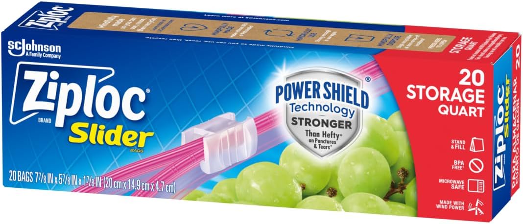 Ziploc Quart Food Storage Slider Bags, Power Shield Technology for More Durability, 42 Count