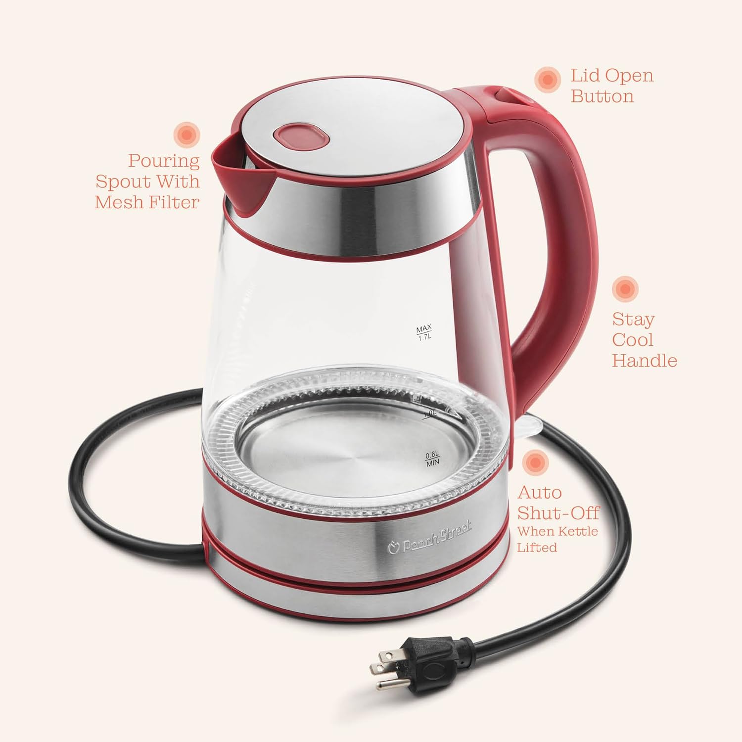 Speed-Boil Electric Kettle For Coffee & Tea - 1.7L Water Boiler 1500W, Borosilicate Glass, Easy Clean Wide Opening, Auto Shut-Off, Cool Touch Handle, LED Light. 360° Rotation, Boil Dry Protection