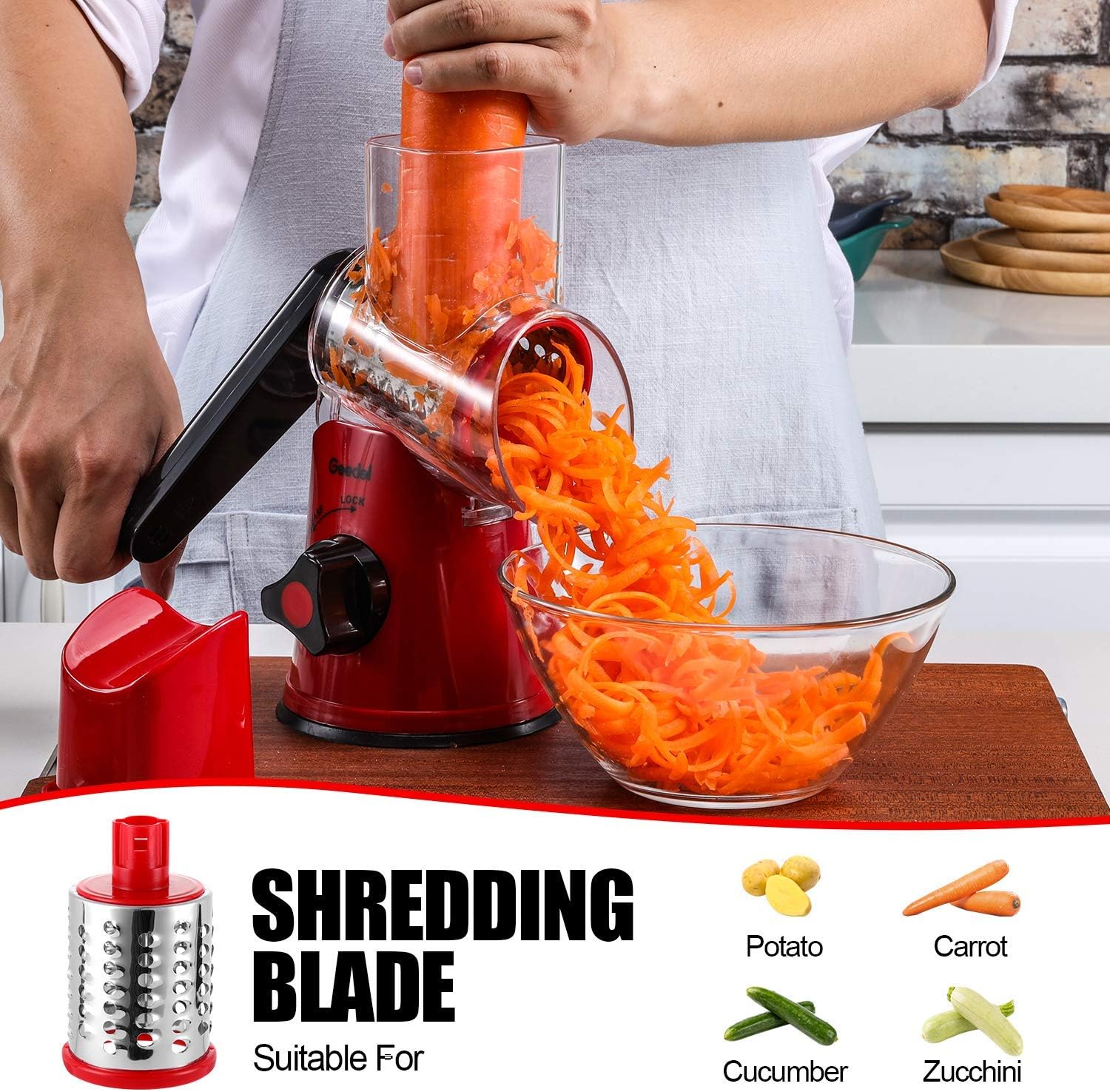Geedel Rotary Cheese Grater, Kitchen Mandoline Vegetable Slicer with 3 Interchangeable Blades, Easy to Clean Grater for Fruit, Vegetables, Nuts