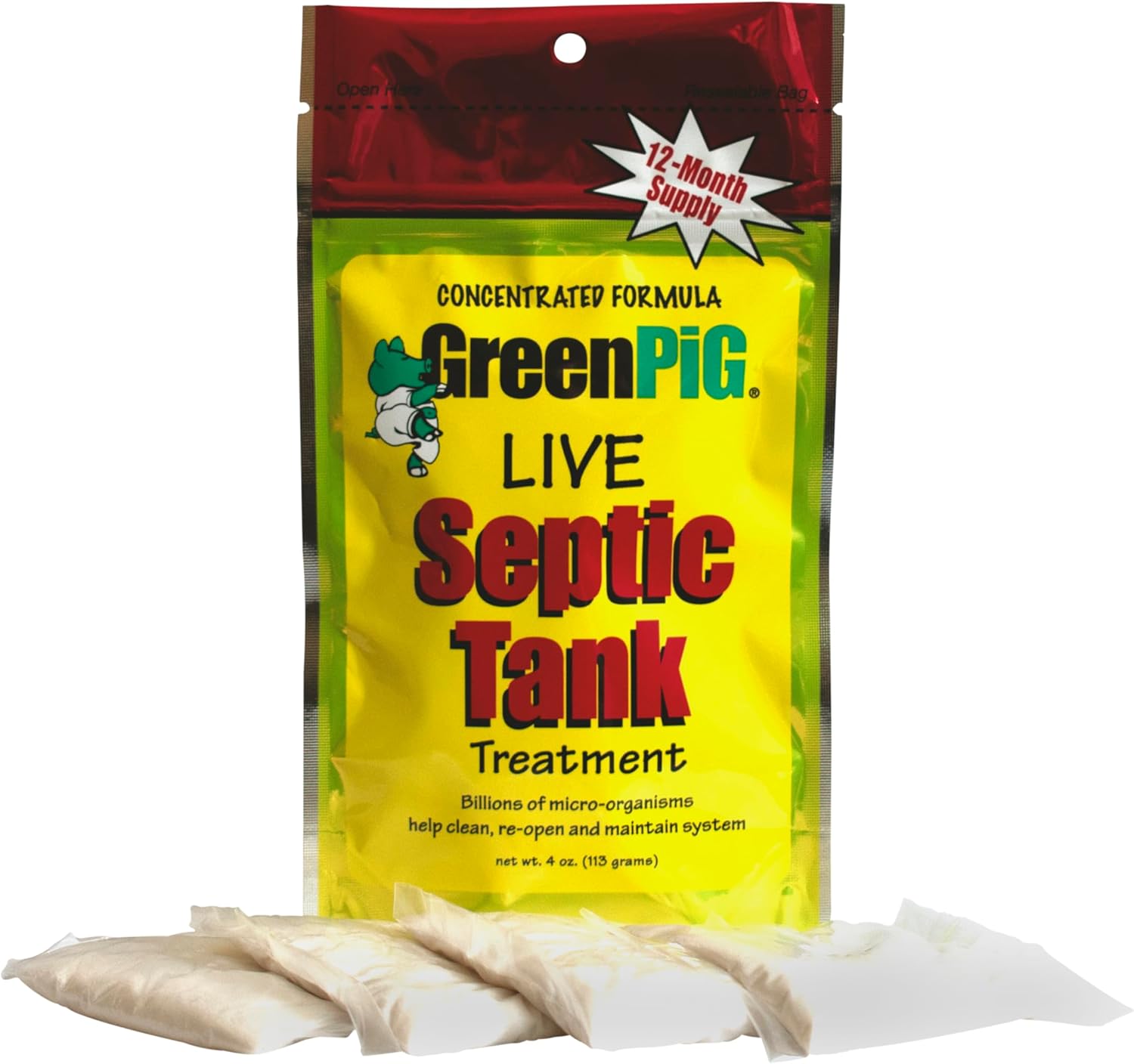 Green Pig 52 Live Septic Tank Treatment Ultimate Solution in Preventing Expensive Backups, Clogs, or Drain Field Failures with 4-Easy Drop-in and Flush, 1-Year Supply- 4 Packets, 4 Count