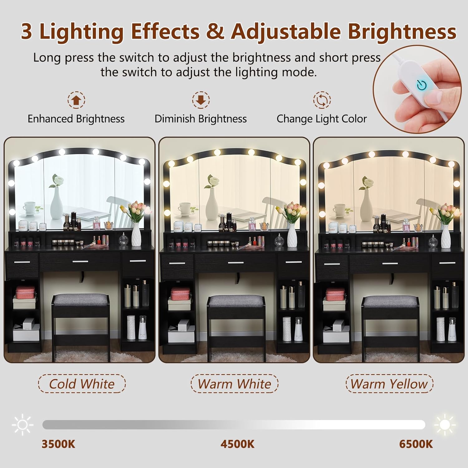 usikey Large Vanity Set with Large Lighted Mirror, Modern Makeup Vanity Table with 3 Drawers, 2 Storage Cabinets & 10 LED Bulbs, Dressing Table with Cushioned Stool for Women, Bedroom, Black