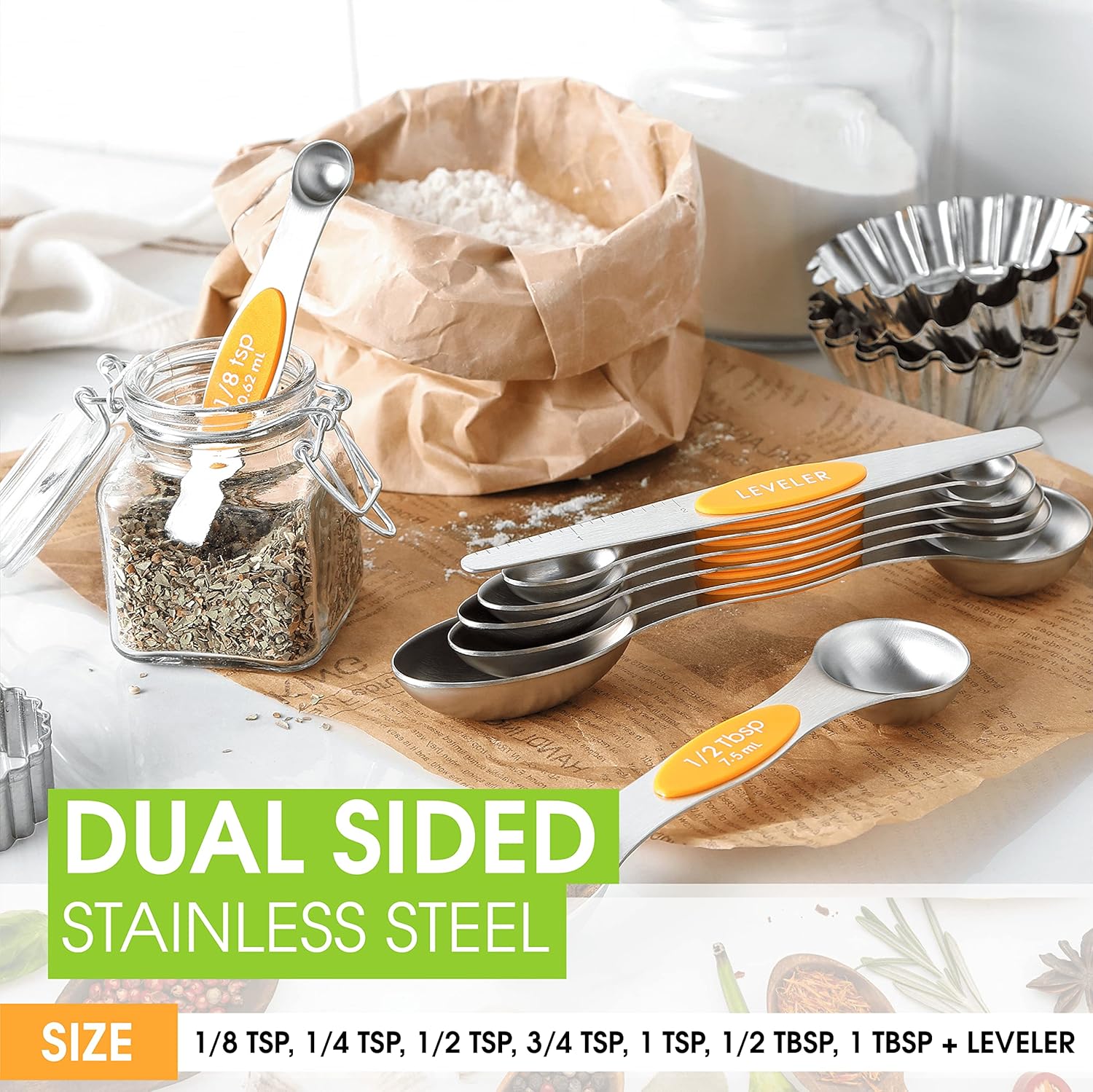 Spring Chef Magnetic Measuring Spoons Set with Strong N45 Magnets, Heavy Duty Stainless Steel Metal, Fits in Most Kitchen Spice Jars for Baking & Cooking, BPA Free, Black, Set of 8 with Leveler