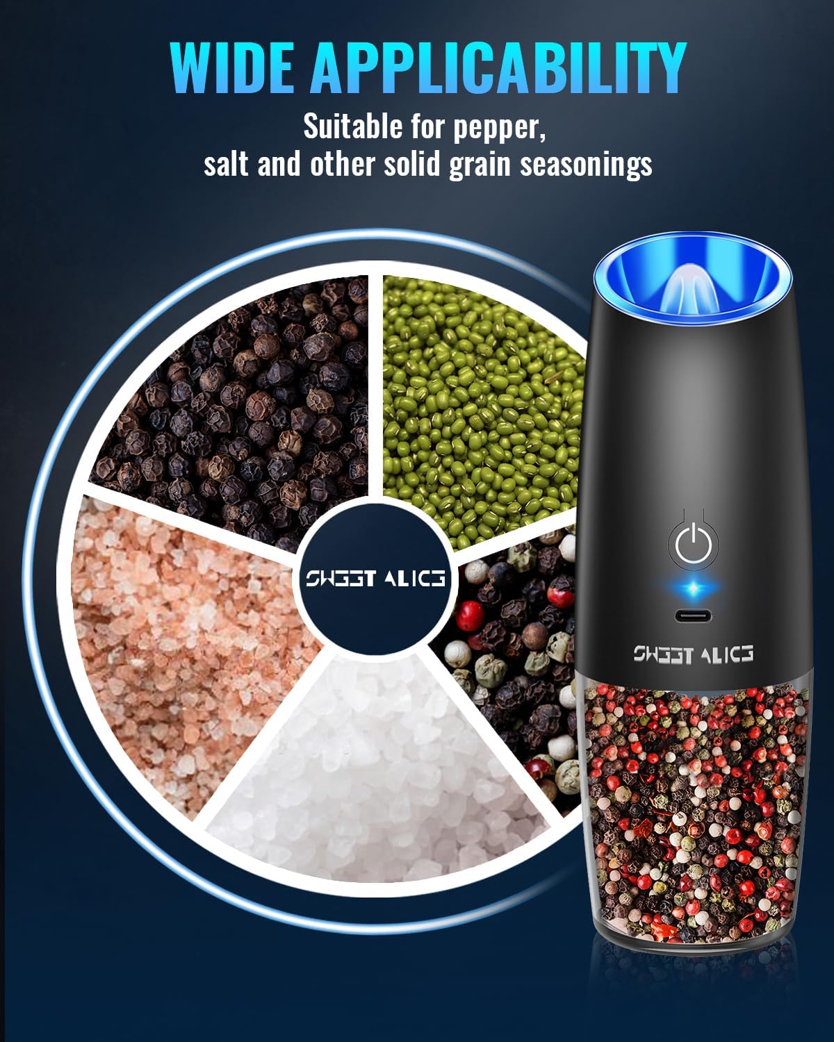 Sweet Alice Gravity Electric Pepper and Salt Grinder Set, Adjustable Coarseness, Battery Powered with LED Light, One Hand Automatic Operation, Stainless Steel Black, 2 Pack