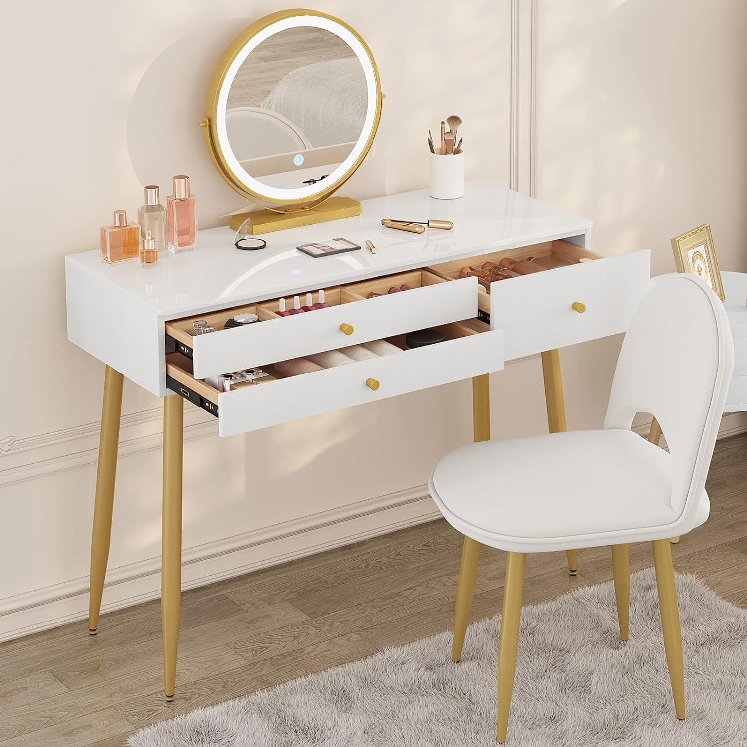 WOLTU MB6105ws Dressing Table with Lighting and Chair, 3 Colours with Adjustable Brightness, Dressing Table with 3 Solid Wood Drawers, Large Table Top 100 x 40 cm, White + Gold