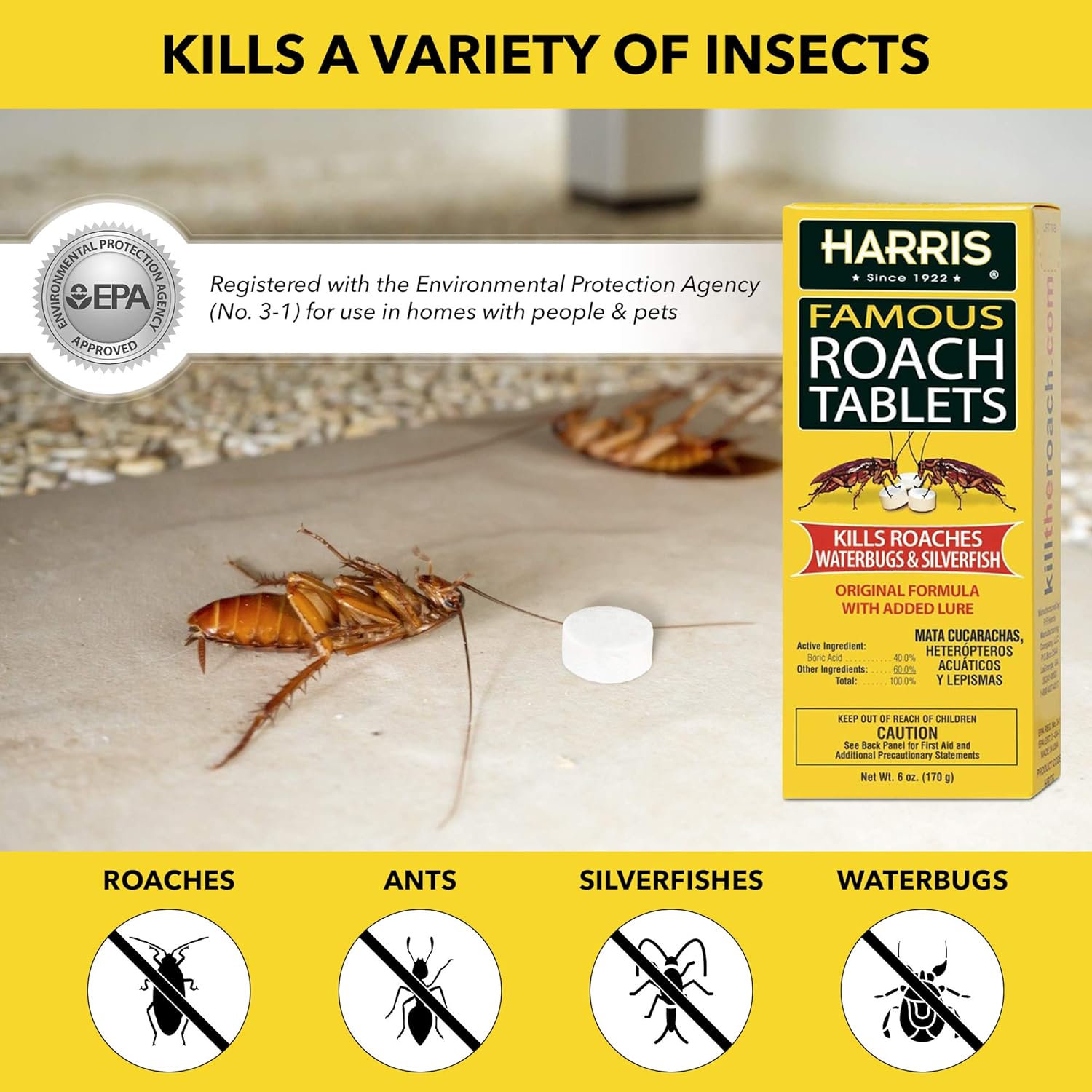 Harris Roach Tablets, Boric Acid Roach Killer with Lure for Insects (4oz, 96 Tablets)