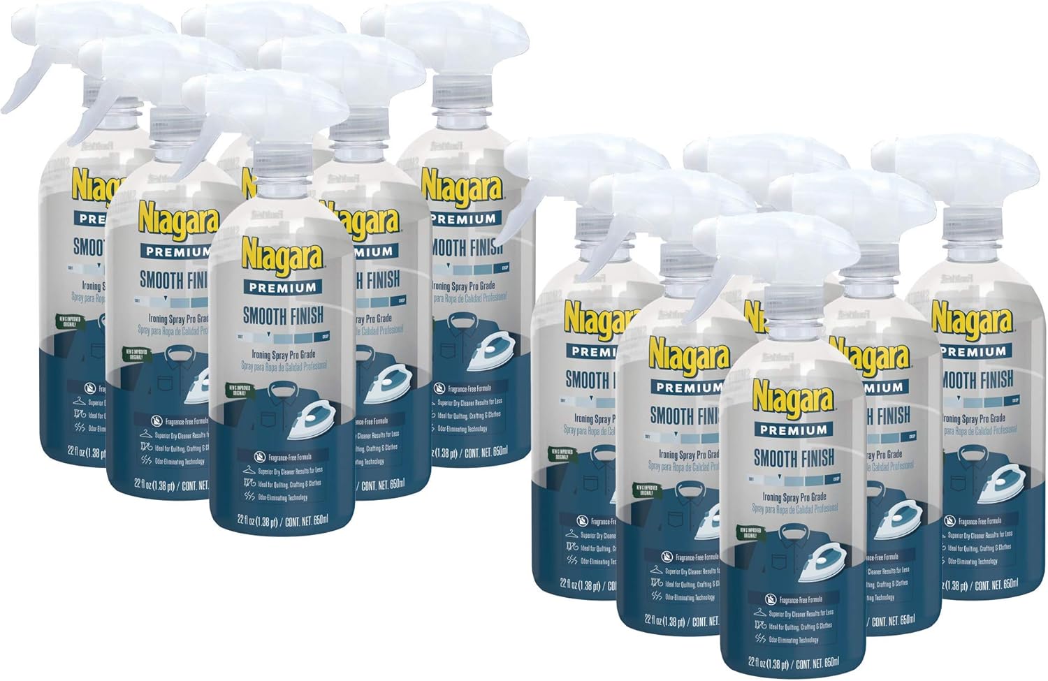 NIAGARA Spray Starch (22 Oz, 2 Pack) Trigger Pump Liquid Starch for Ironing, Non-Aerosol Spray on Starch, Reduces Ironing Time, No Flaking, Sticking or Clogging, Biodegradable Ingredients, Recyclable