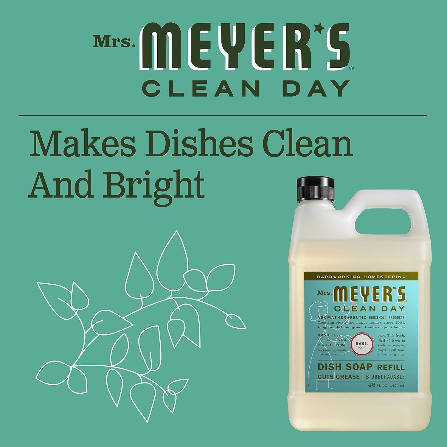 MRS. MEYER'S CLEAN DAY Liquid Dish Soap Refill, Biodegradable Formula, Basil, 48 fl. oz