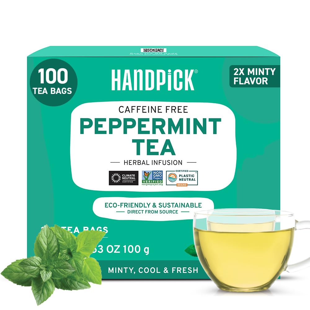 HANDPICK, Peppermint Tea, Eco-Conscious Tea Bags - 100 Count | Caffeine Free, Non-GMO | Minty, Fresh & Cool flavor | Direct From Source