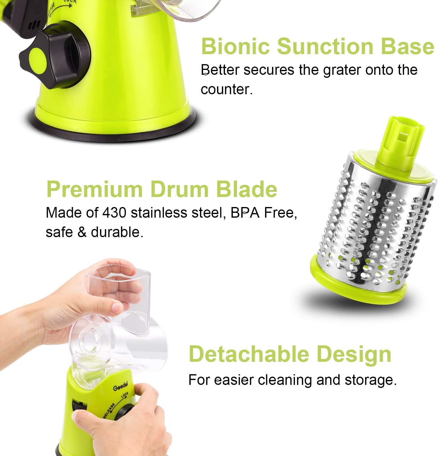 Geedel Rotary Cheese Grater, Kitchen Mandoline Vegetable Slicer with 3 Interchangeable Blades, Easy to Clean Grater for Fruit, Vegetables, Nuts
