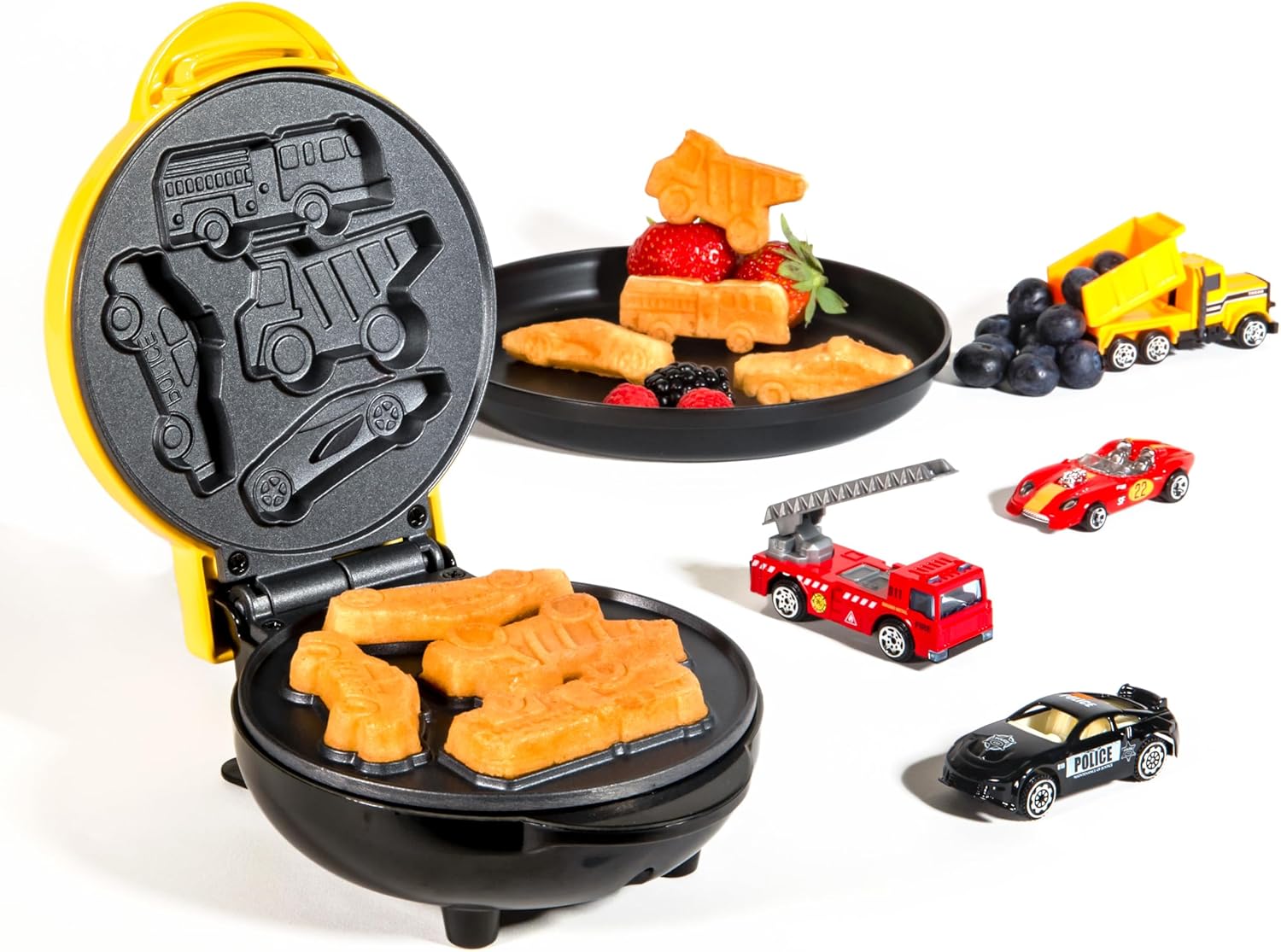 Nostalgia MyMini Cars and Trucks Shape Electric Waffle Maker, 5-Inch Non-Stick Griddle for Waffles, Hash Browns, Eggs, and More, Yellow