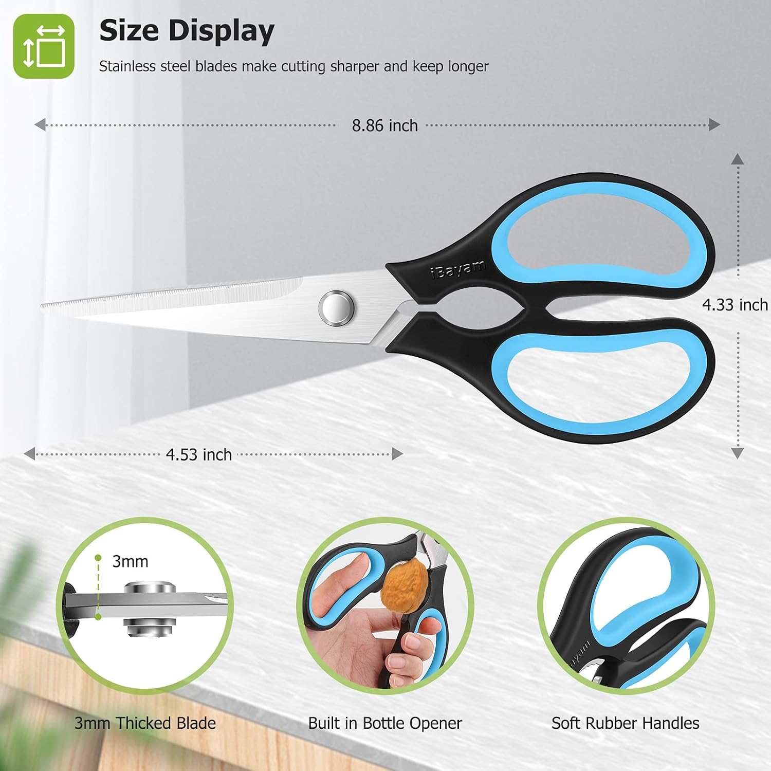 iBayam Kitchen Scissors All Purpose Heavy Duty Meat Poultry Shears, Dishwasher Safe Food Cooking Scissors Stainless Steel Utility Scissors, 2-Pack (Black Red, Black Gray)