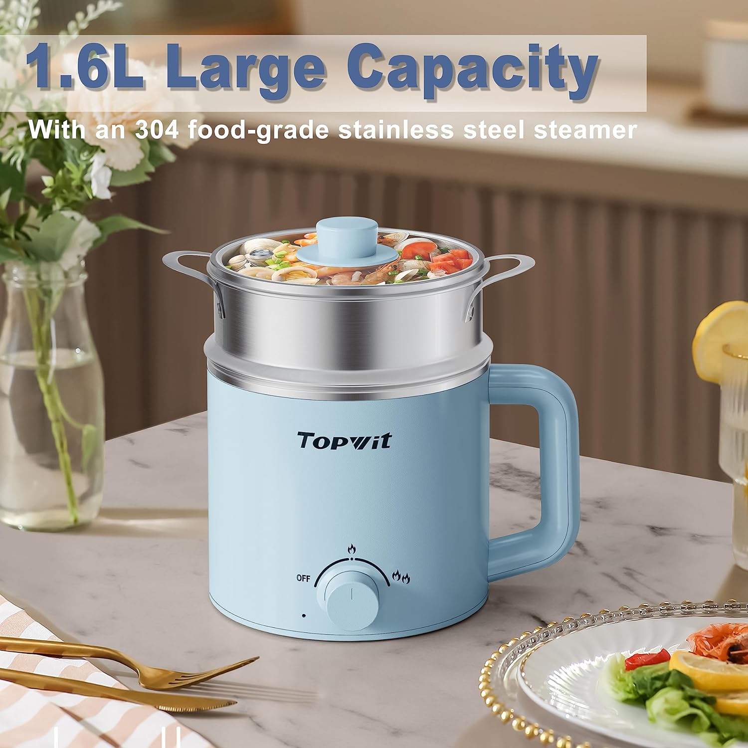 Topwit Hot Pot Electric, Electric Pot, 1.6L Ramen Cooker, Multifunctional Electric Cooker for Pasta, Shabu-Shabu, Oatmeal, Soup and Egg with Over-Heating Protection, Boil Dry Protection, Blue
