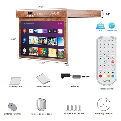 [2024 Black Friday Deal + Fast Delivery]SYLVOX 15.6'' Flip Down Smart TV Under Cabinet TV | Supports 360 Degree Rotation WiFi & Wireless Connection(Wood Grain Color)