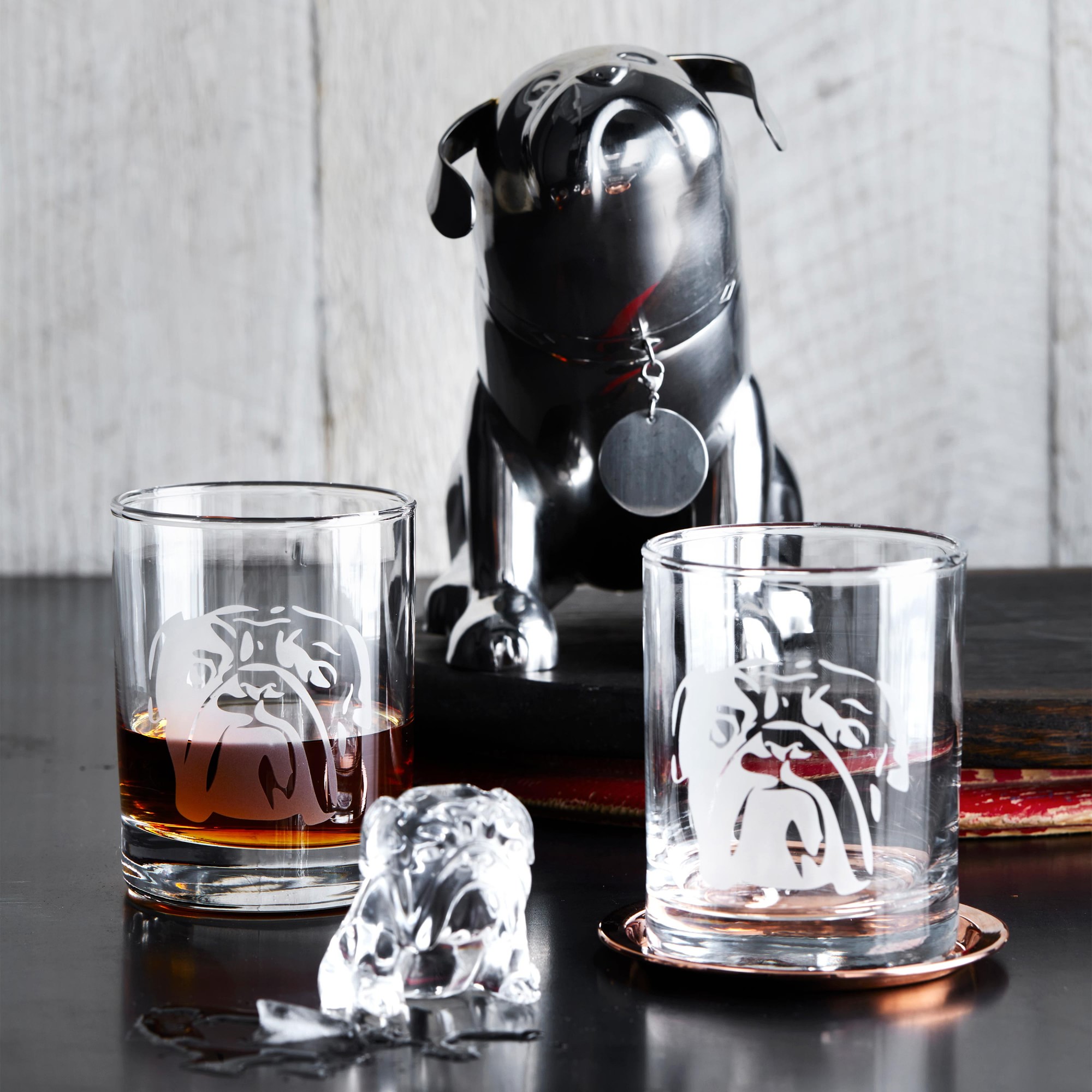 Williams Sonoma Bulldog Etched Glass & Ice Mold Set