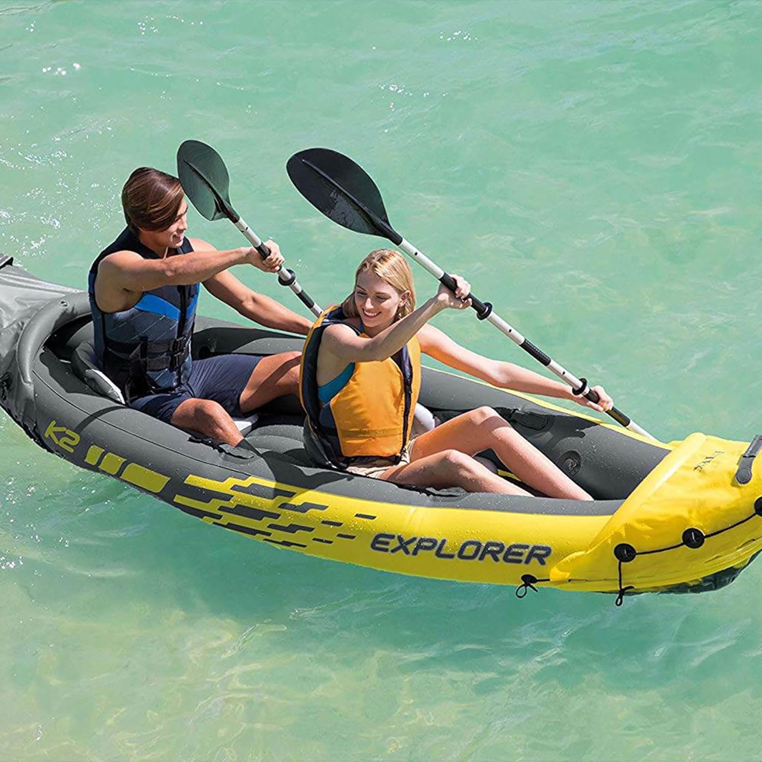 Intex 68307EP Explorer K2 Inflatable Kayak Set: Includes Deluxe 86in Aluminum Oars and High-Output Pump – SuperStrong PVC