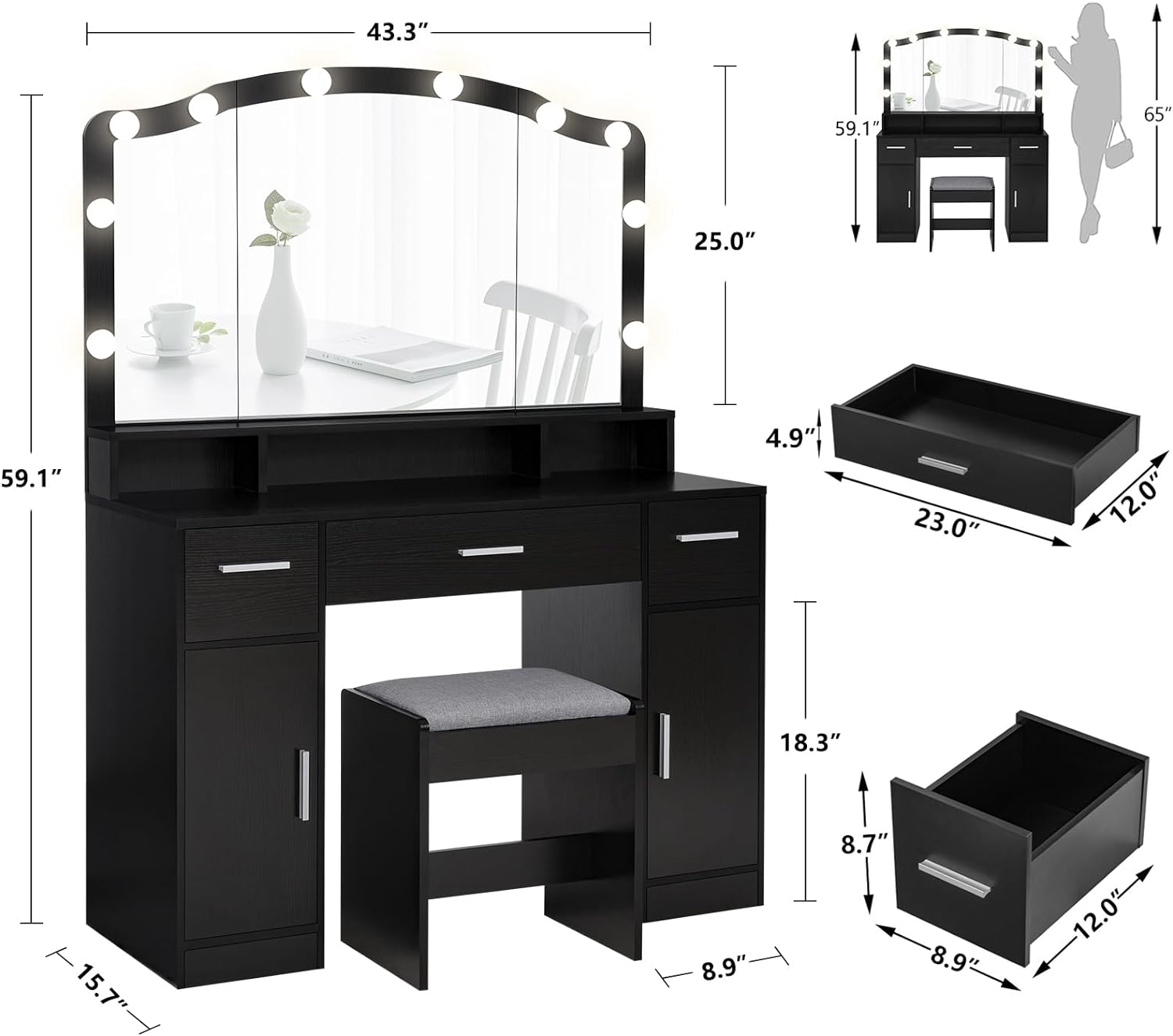usikey Large Vanity Set with Large Lighted Mirror, Modern Makeup Vanity Table with 3 Drawers, 2 Storage Cabinets & 10 LED Bulbs, Dressing Table with Cushioned Stool for Women, Bedroom, Black