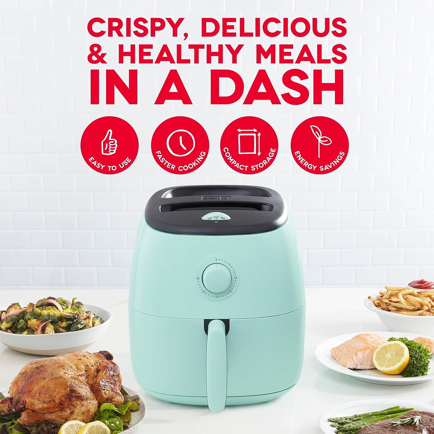 DASH Tasti-Crisp™ Electric Air Fryer Oven, 2.6 Qt., Aqua – Compact Air Fryer for Healthier Food in Minutes, Ideal for Small Spaces - Auto Shut Off, Analog, 1000-Watt