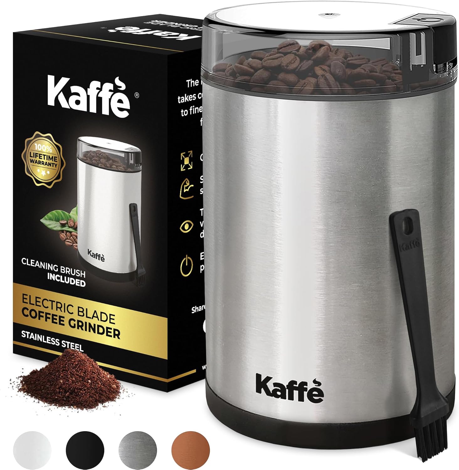 Kaffe One-Touch Coffee Grinder Electric w/Cleaning Brush (3 oz) - Coffee Grinders for Home Use - Up to 12 Cups of Coffee per Grind - Easy On/Off Coffee Bean Grinder - Black
