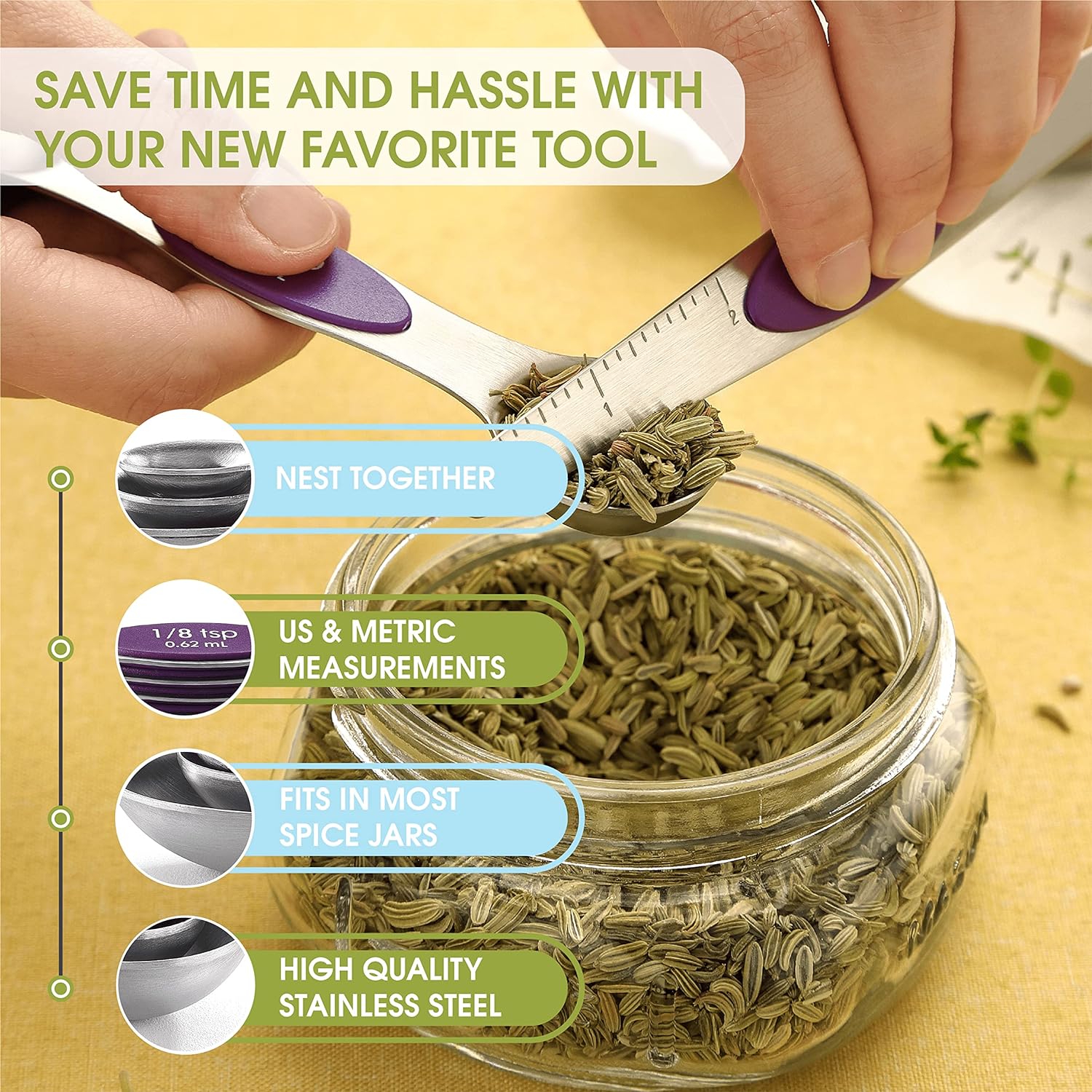 Spring Chef Magnetic Measuring Spoons Set with Strong N45 Magnets, Heavy Duty Stainless Steel Metal, Fits in Most Kitchen Spice Jars for Baking & Cooking, BPA Free, Black, Set of 8 with Leveler