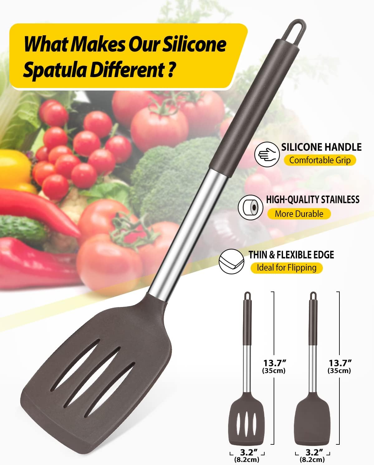 Pack of 2 Silicone Solid Turner,Non Stick Slotted Kitchen Spatulas,High Heat Resistant BPA Free Cooking Utensils,Ideal Cookware for Fish,Eggs,Pancakes (Black)