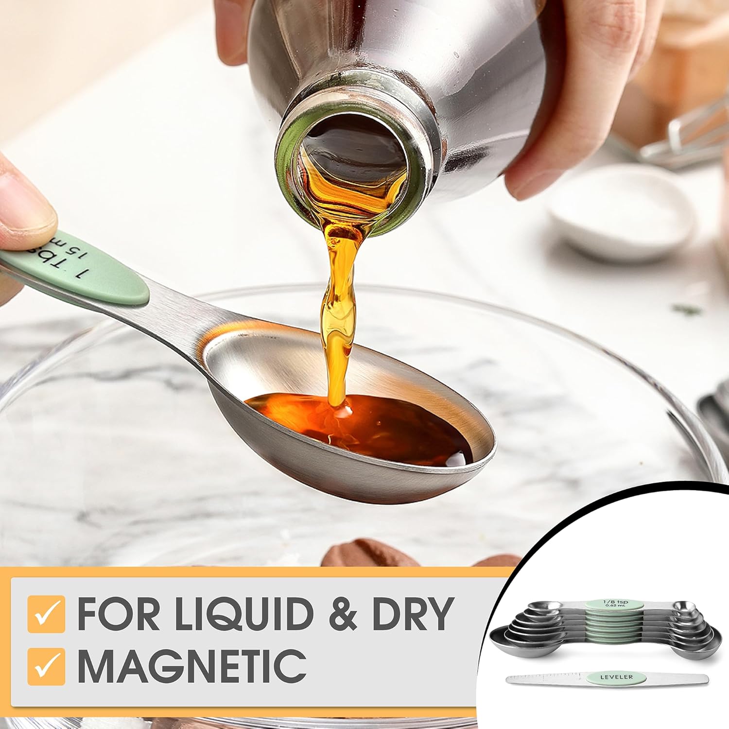 Spring Chef Magnetic Measuring Spoons Set with Strong N45 Magnets, Heavy Duty Stainless Steel Metal, Fits in Most Kitchen Spice Jars for Baking & Cooking, BPA Free, Black, Set of 8 with Leveler