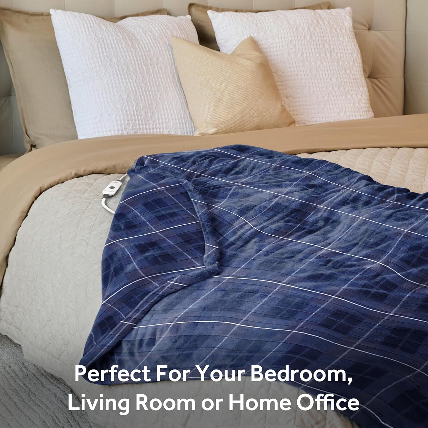 Sunbeam Royal Ultra Rodeen Blue Plaid Heated Personal Throw / Blanket, Cozy-Warm, Adjustable Heat Settings