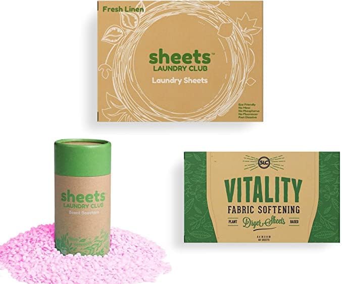 Sheets Laundry Club - 50 Fresh Linen(up to 100 loads) Laundry Detergent Sheets - 40 Lavender Dryer Sheets, 8oz Lavender Scent Booster Tube. Good for the earth and a breeze to use. Hypoallergenic
