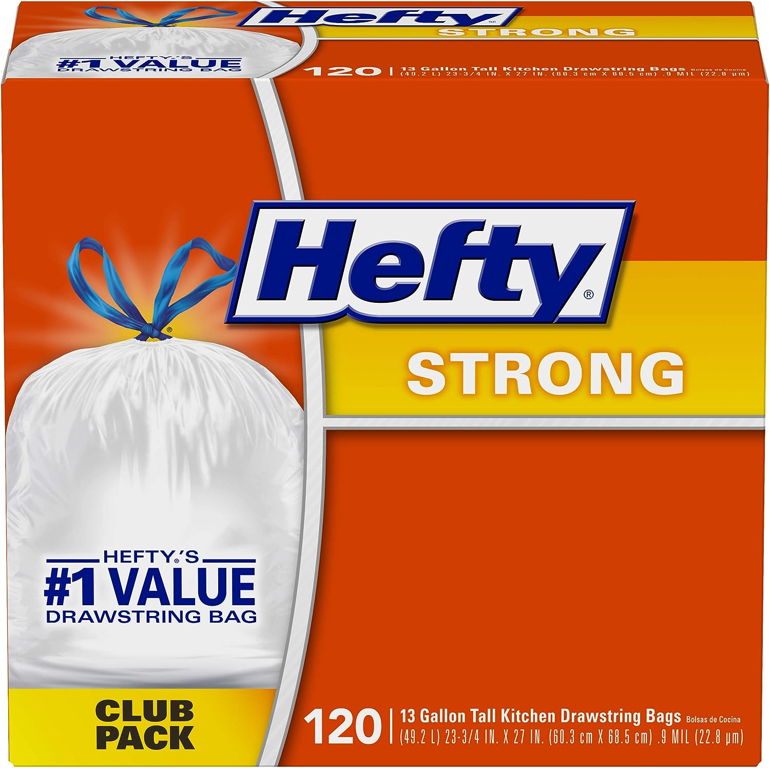 Hefty Strong Tall Kitchen Trash Bags, Unscented, 13 Gallon, 90 Count, White,Packaging may vary