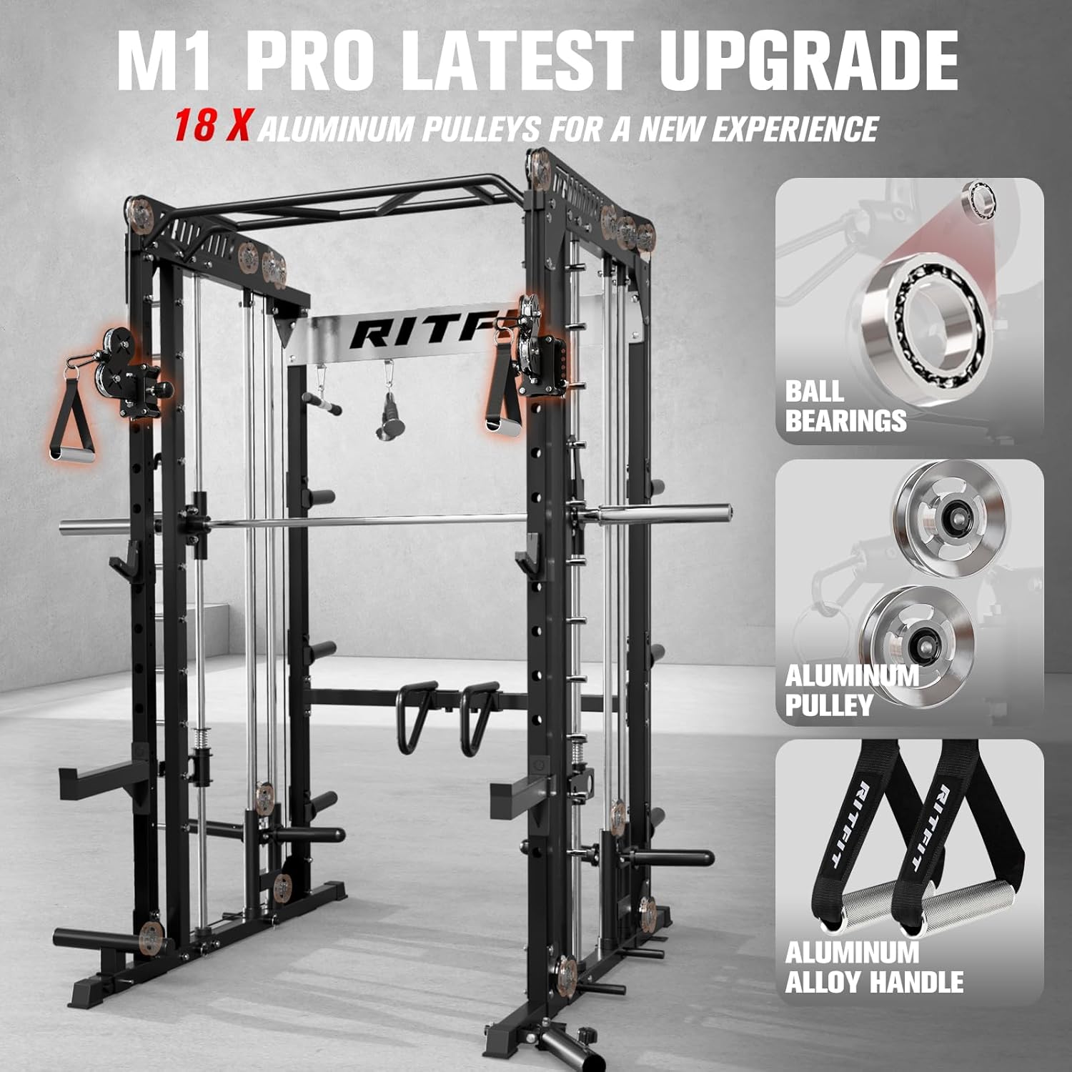 RitFit M1 & M1 Pro Smith Machine with Cable Crossover System, Multi-Function Squat Rack Power Cage for Home Gym, Power Rack and Packages