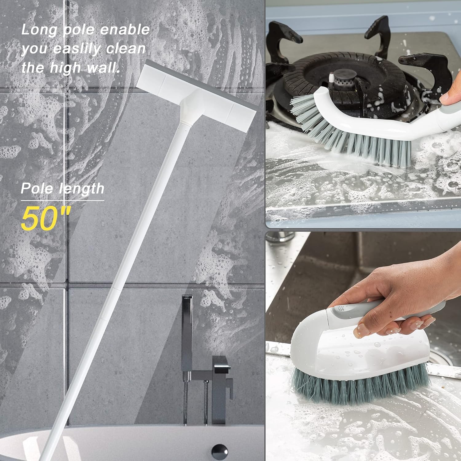 BOOMJOY Floor Scrub Brush with Long Handle, 2 in 1 Scrape and Brush, Stiff Bristles Floor Scrubber, Deck Brush for Cleaning Bathroom, Patio, Garage, Kitchen, Bath, Tile