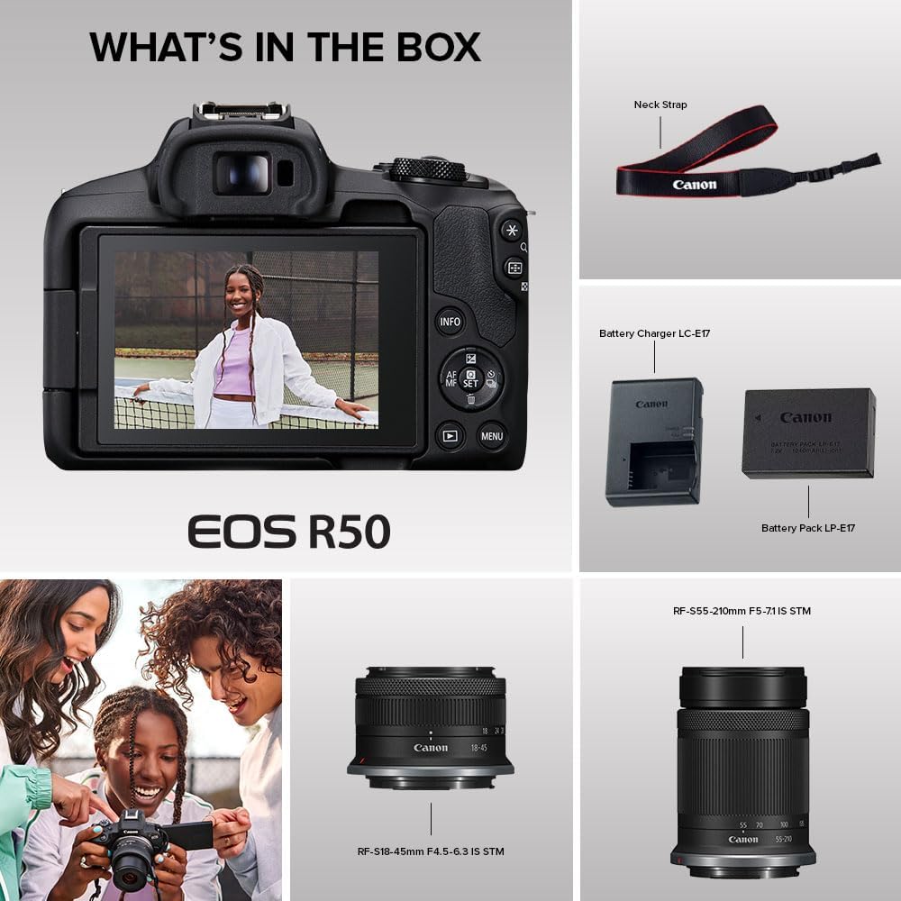 Canon EOS R50 Mirrorless Camera RF-S18-45mm F4.5-6.3 is STM Lens Kit, 24.2 Megapixel CMOS (APS-C) Sensor, 4K Video, Hybrid Camera, Photo and Video, Vlogging, Content Creator, RF Mount, Black