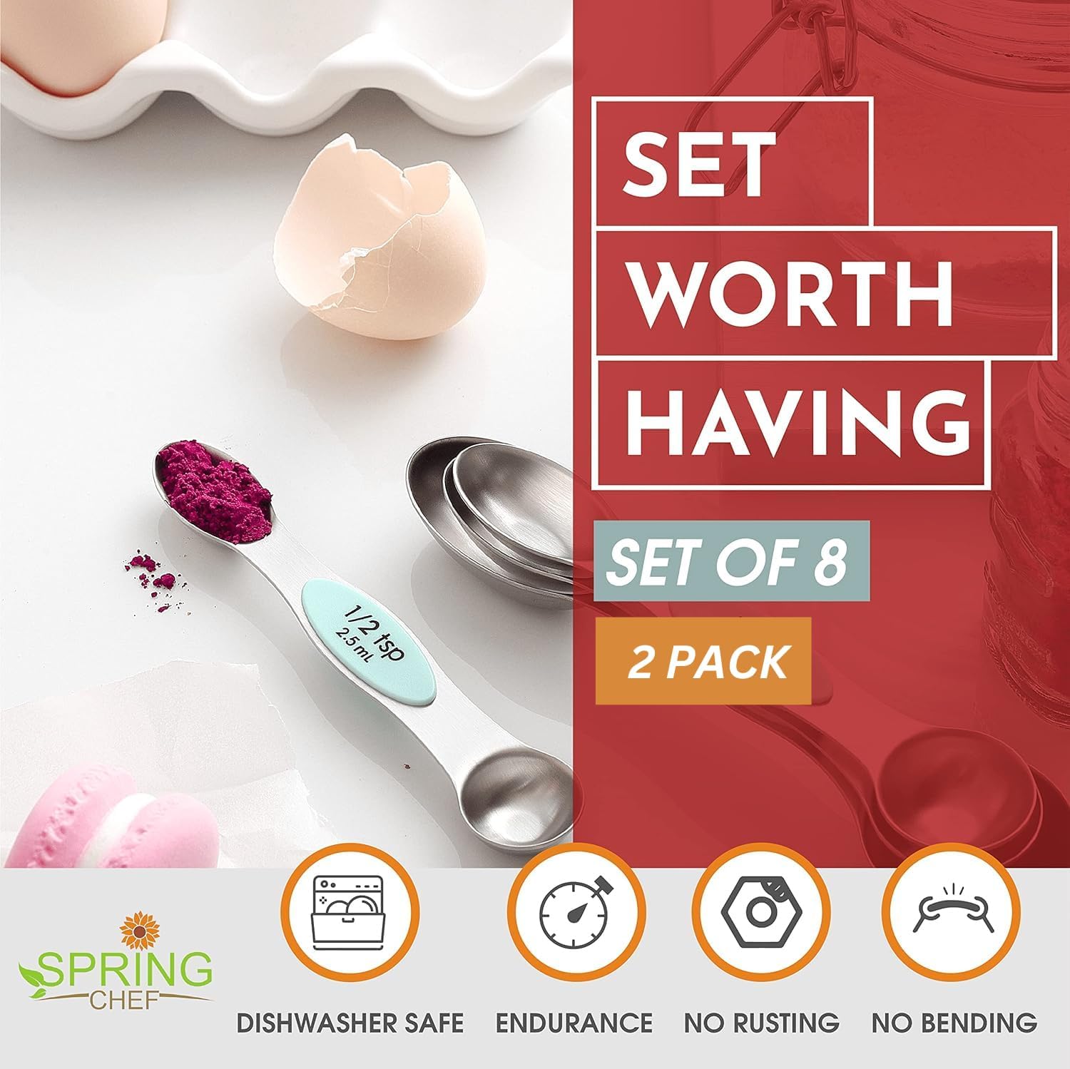 Spring Chef Magnetic Measuring Spoons Set with Strong N45 Magnets, Heavy Duty Stainless Steel Metal, Fits in Most Kitchen Spice Jars for Baking & Cooking, BPA Free, Black, Set of 8 with Leveler