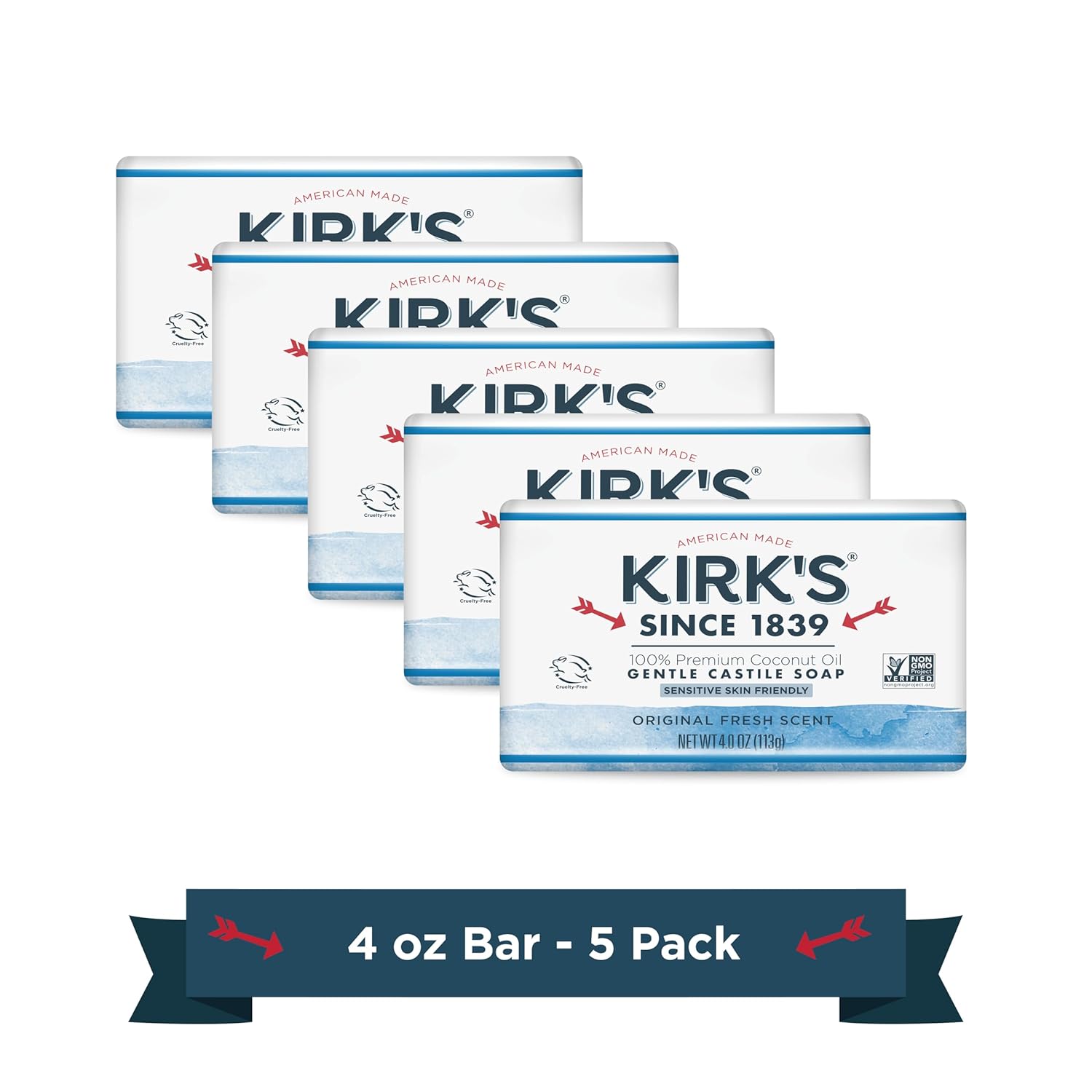 Kirk's Castile Bar Soap for Men, Women & Children - Made With Premium Coconut Oil, Sensitive Skin Formula, Vegan, Non GMO, Original Fresh Scent, 4 oz. Bars, 6 Pack