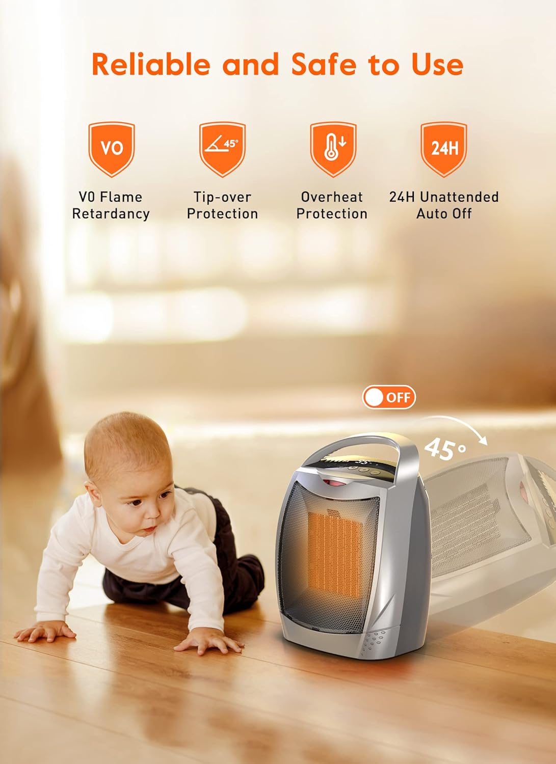 GiveBest Portable Electric Space Heater with Thermostat, 1500W/750W Safe and Quiet Ceramic Heater Fan, Heat Up 200 Square Feet for Office Room Desk Indoor Use, Silver