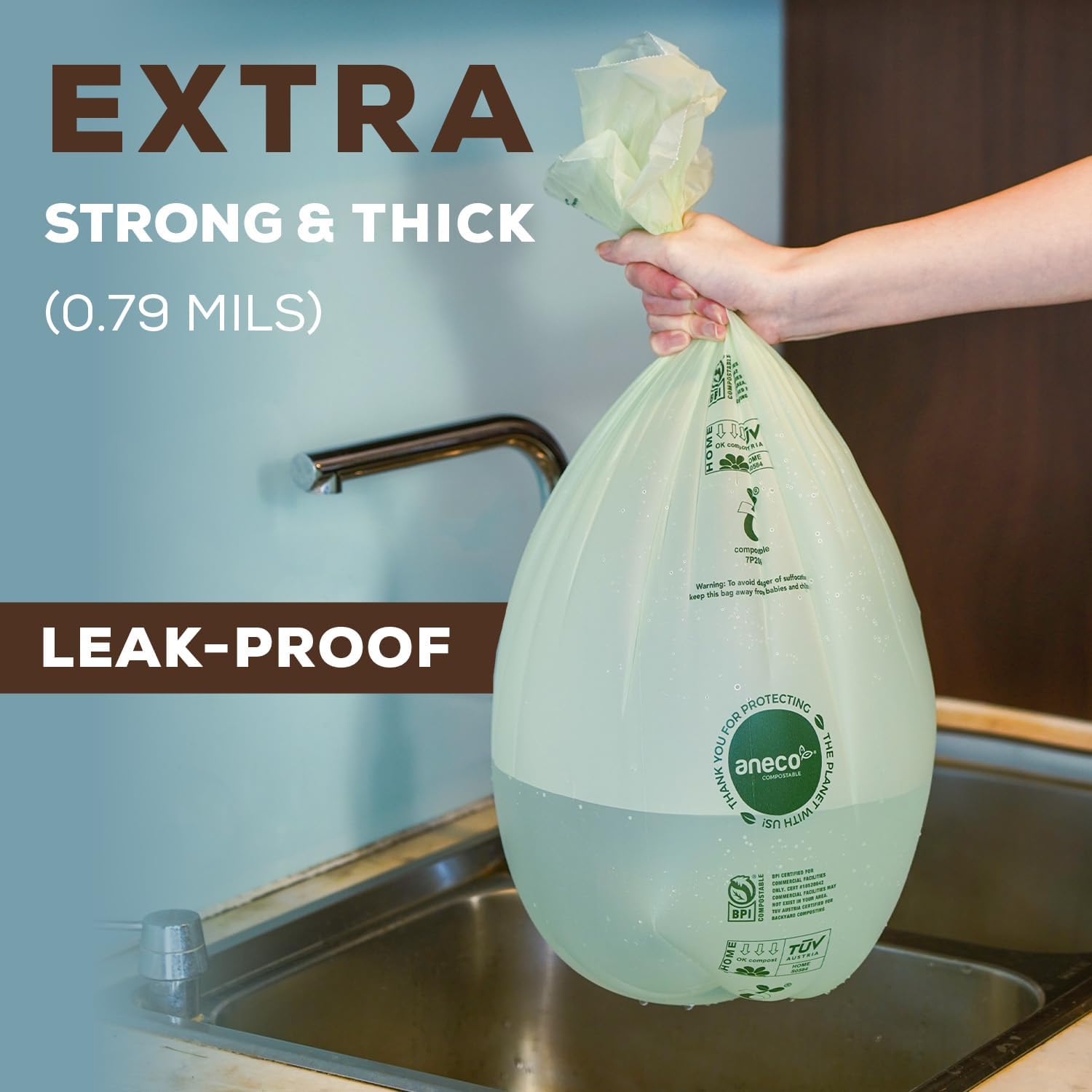 ANECO 100% Compostable Waste Bags 2.6 Gallon, Extra Thick Kitchen Small Compost Bags for Countertop Bin (100 Count)