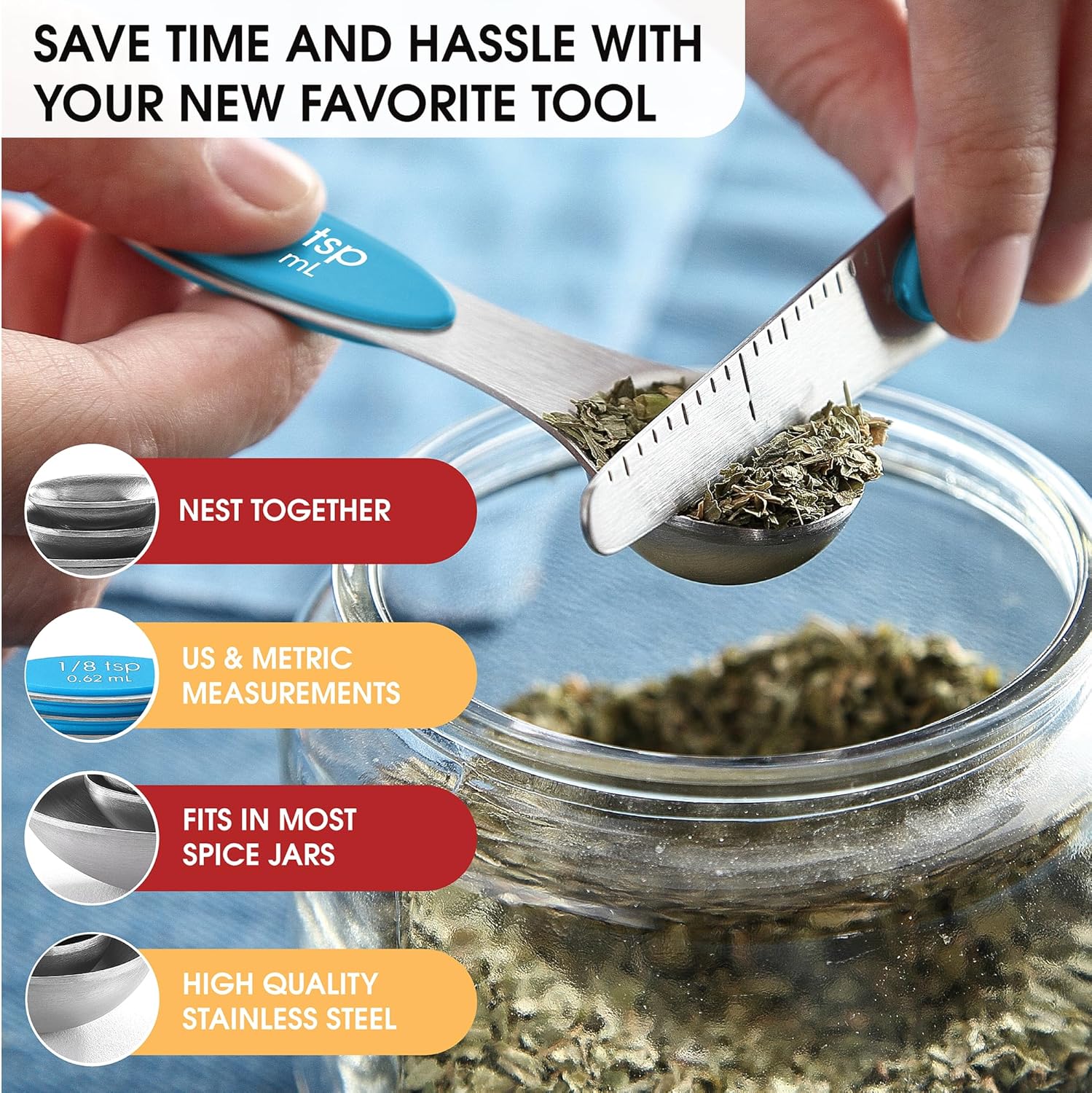 Spring Chef Magnetic Measuring Spoons Set with Strong N45 Magnets, Heavy Duty Stainless Steel Metal, Fits in Most Kitchen Spice Jars for Baking & Cooking, BPA Free, Black, Set of 8 with Leveler