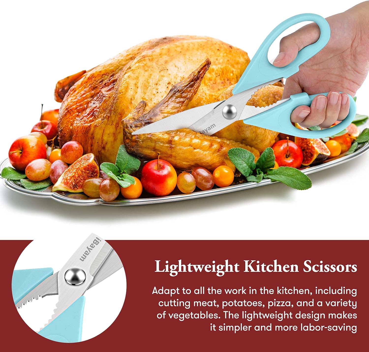 iBayam Kitchen Scissors All Purpose Heavy Duty Meat Poultry Shears, Dishwasher Safe Food Cooking Scissors Stainless Steel Utility Scissors, 2-Pack (Black Red, Black Gray)