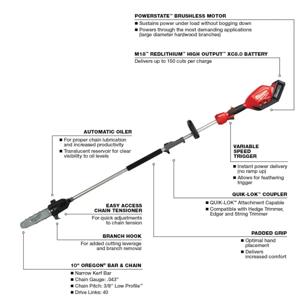 Milwaukee 2825-21PS M18 FUEL 18V 10-Inch QUIK-LOK Cordless Pole Saw Kit