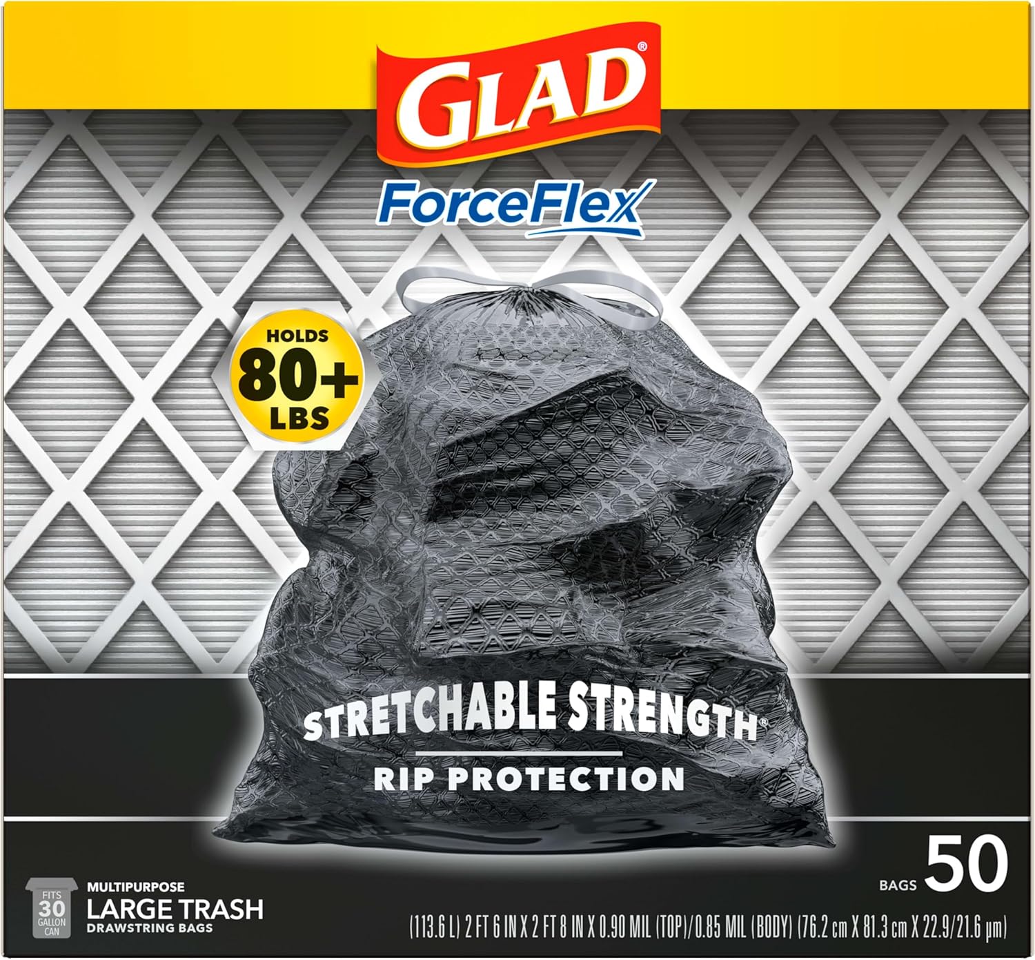 Glad Large Drawstring Trash Bags, ForceFlex 30 Gallon Black Trash Bags, 50 Count (Package May Vary)
