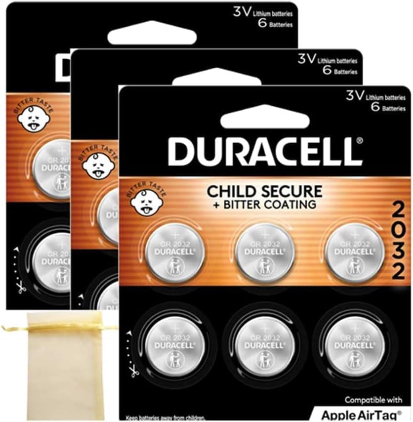 Duracell 2032 Lithium Battery. 8 Count Pack. Child Safety Features. Compatible with Apple AirTag, Key Fob, and other devices. CR2032 Battery Lithium Coin Battery. CR Lithium 3V Cell