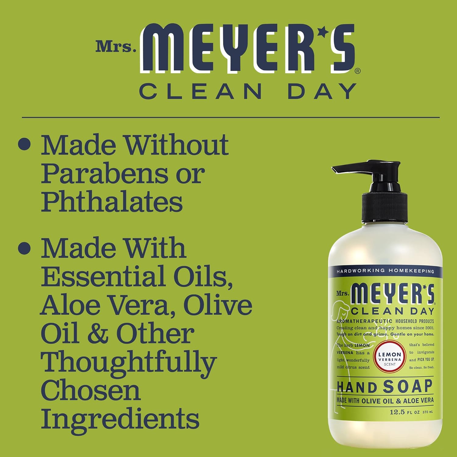 Mrs. Meyer's Clean Day Liquid Hand Soap, Cruelty-Free, and Biodegradable Hand Wash Made with Essential Oils, Lemon Verbena Scent, 12.5 Oz (Pack of 3)