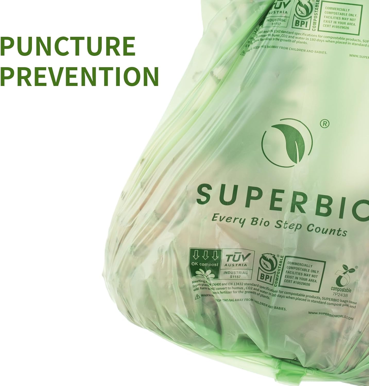 SUPERBIO 1.6 Gallon Handle Tie Compostable Food Scrap Bags For Counter Top Compost Bin, Small Compost Bags, 50 Count, 6 Liter, BPI & OK compost INDUSTRIAL Certified