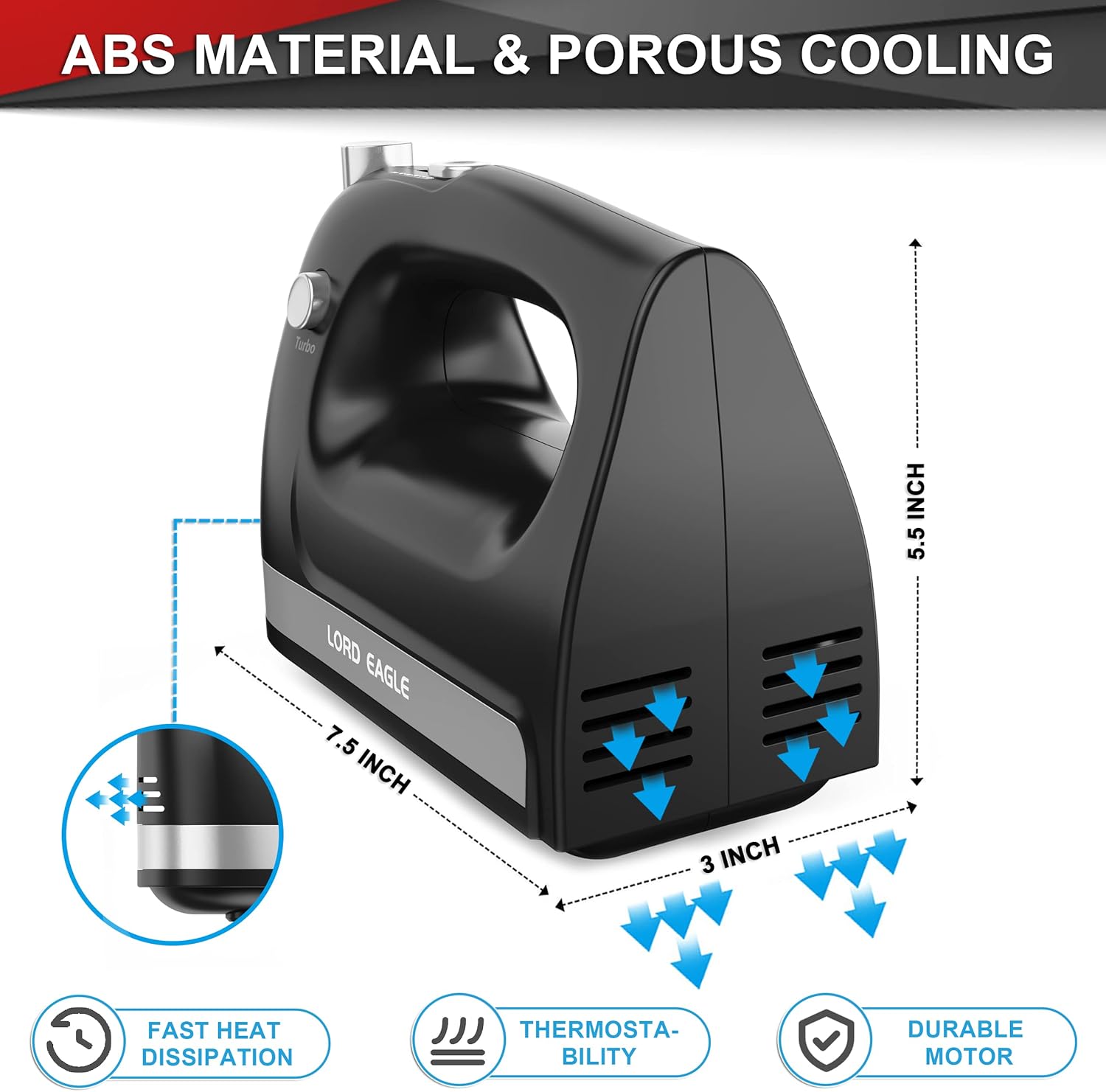 Lord Eagle Hand Mixer Electric, 400W Power handheld Mixer for Baking Cake Egg Cream Food Beater, Turbo Boost/Self-Control Speed + 5 Speed + Eject Button + 5 Stainless Steel Accessories (White)