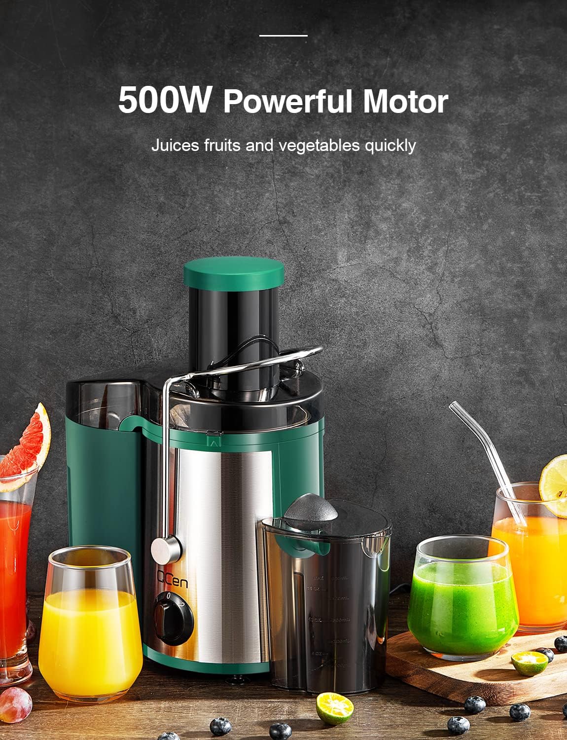 Qcen Juicer Machine, 800W Centrifugal Juicer Extractor with Wide Mouth 3” Feed Chute for Fruit Vegetable, Easy to Clean, Stainless Steel, BPA-free (Black)